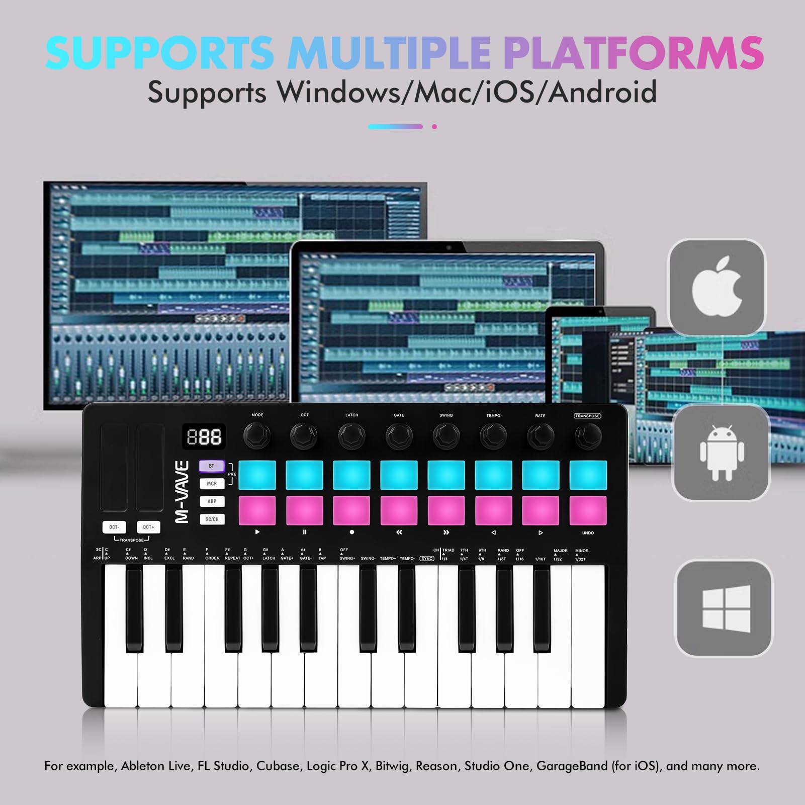 Tastiera Musicale, tastiera MIDI migliorata, tastiera arranger portatile ricaricabile, tastiera RGB pad, SMK-25II, nero e bianco, batteria integrata