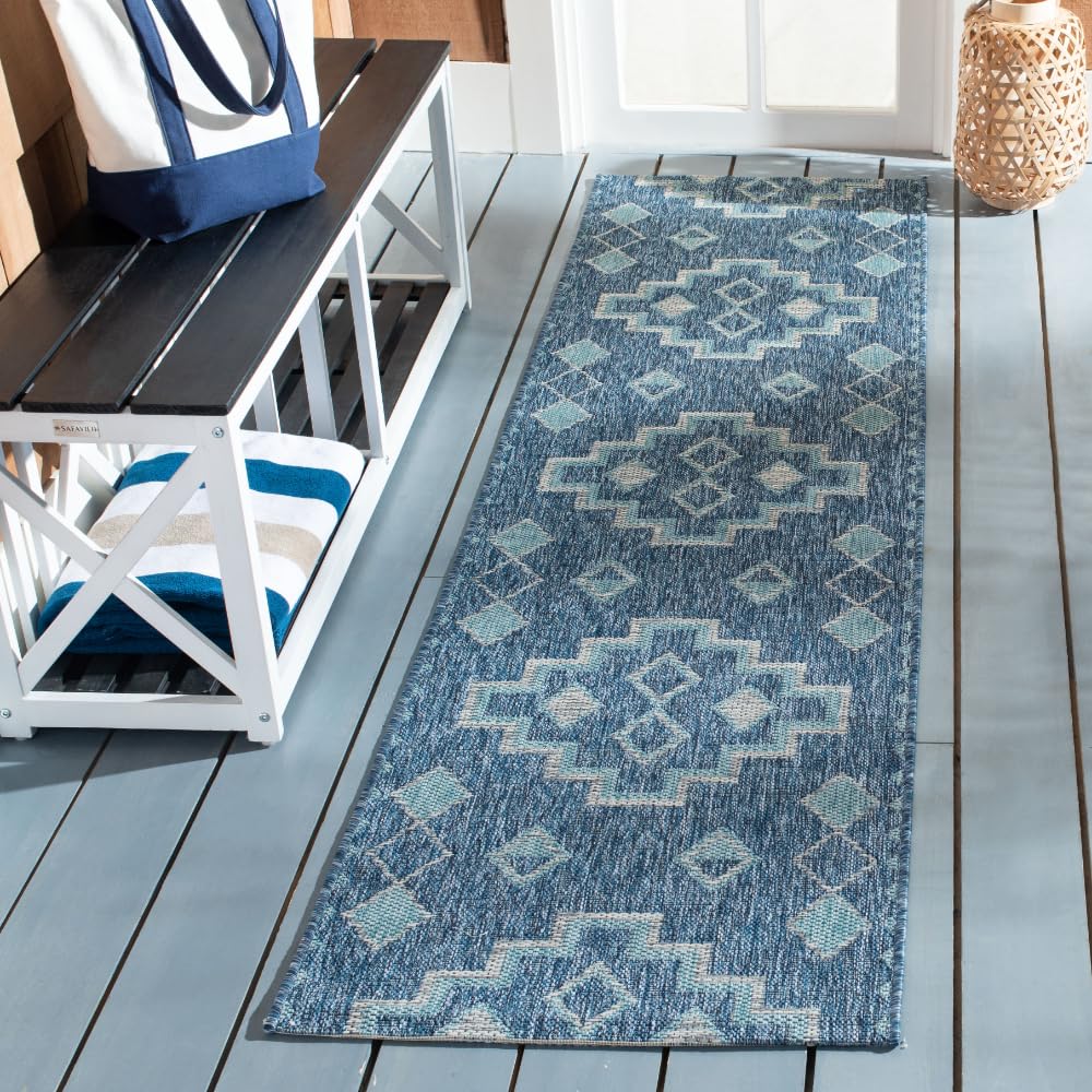 SAFAVIEH Washable Rug Outdoor Courtyard Collection - 2'3" x 8' Runner, Navy & Aqua Blue, Non-Shedding & Easy Cleaning, Ideal for Patio, Entryway,