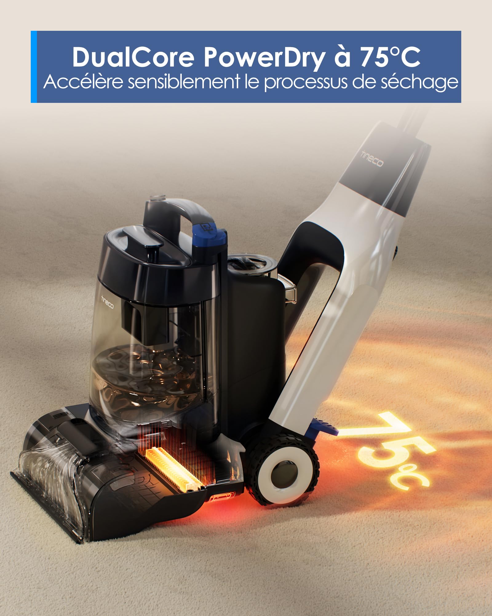 Tineco CARPET ONE Cruiser Nettoyeur de Tapis Intelligent, Auto-nettoyage et FlashDry, Shampouineuse, Nettoyage en Profondeur pour Tapis et Tissus d'Ameublement, Aspiration Puissante de 130W