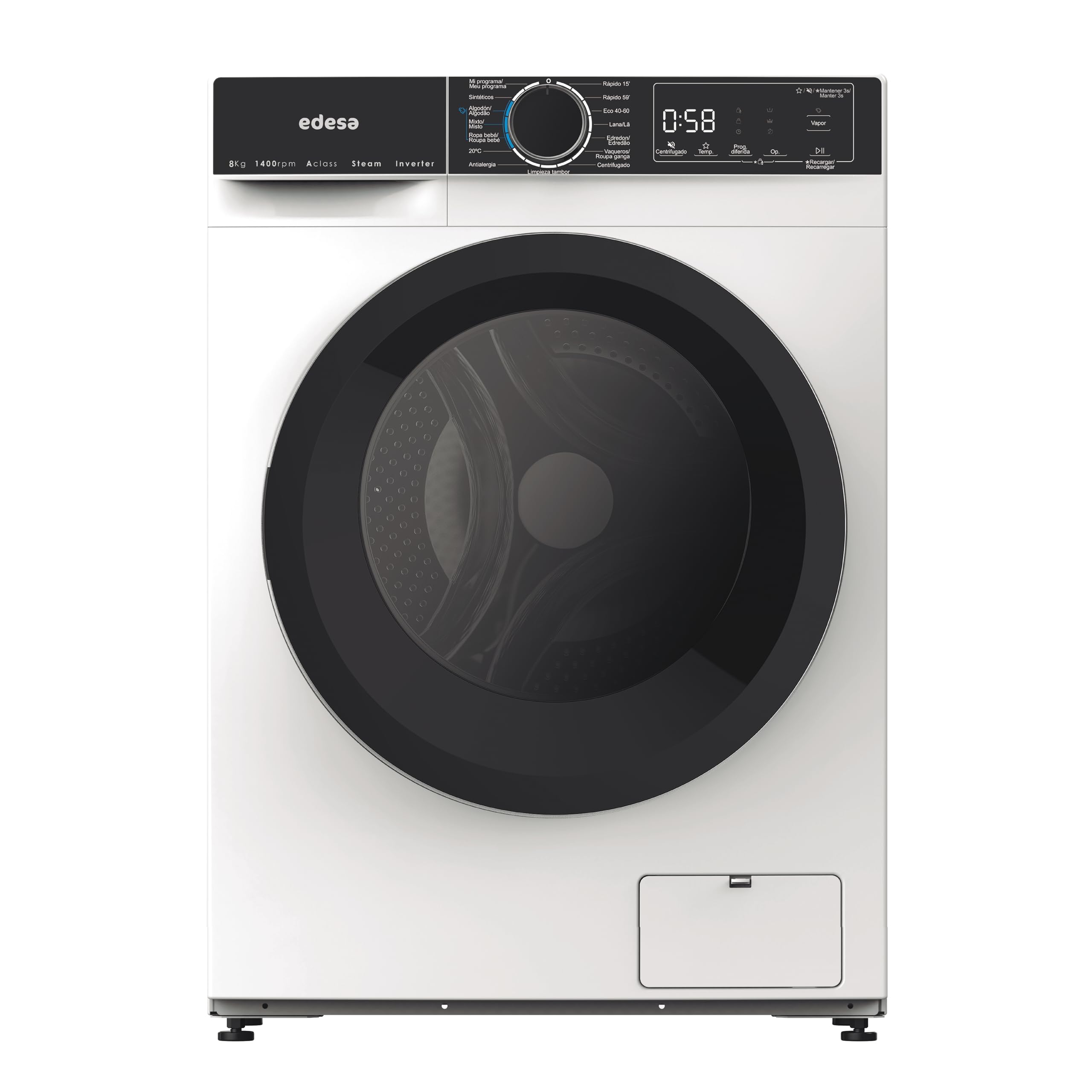Edesa Lavadora de Libre Instalación EWF-8403 WH Capacidad 8 KG Motor Inverter 16 Programa Especiales Gran Velocidad 1400 r.p.m Bloqueo seguridad niños Pantalla con Tecnología LED Acabado Blanco