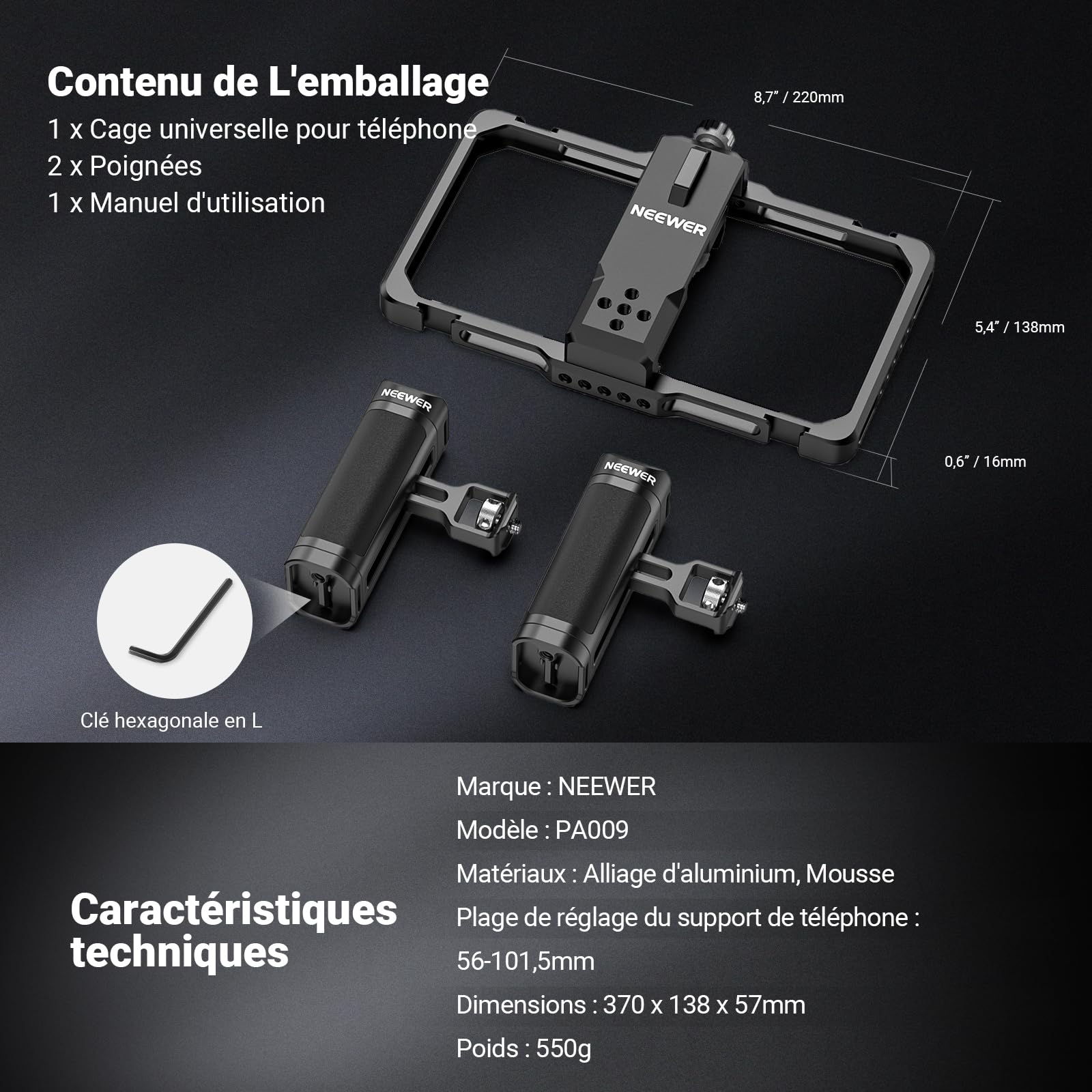 NEEWER Kit de vlogging pour téléphone amélioré, stabilisateur vidéo avec Double poignée, Fente Micro sans Fil pour Tiktok/Youtube, Compatible avec SmallRig iPhone 16 15 14 13 Pro Max Galaxy S23, PA009