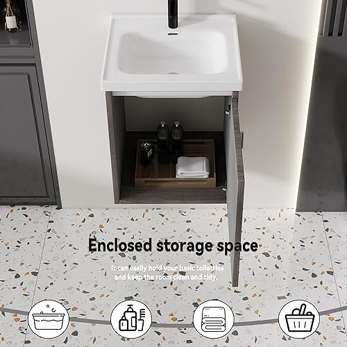 Miniatura 226 de Tocador de baño de 20 pulgadas con lavabo de cerámica, tocador de baño pequeño montado en la pared con puerta de cierre suave, gabinete flotante