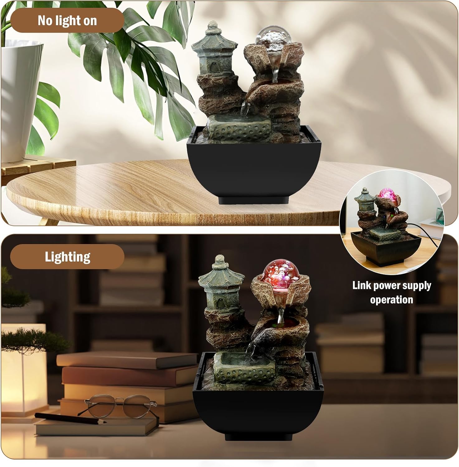 Fontana da Tavolo per Interni con Cascata Decorativa E Sfera di Cristallo Illuminata, Pompa Sommergibile Silenziosa per Relax E Meditazione, Piccola Fontana per Casa, Ufficio E Scrivania.
