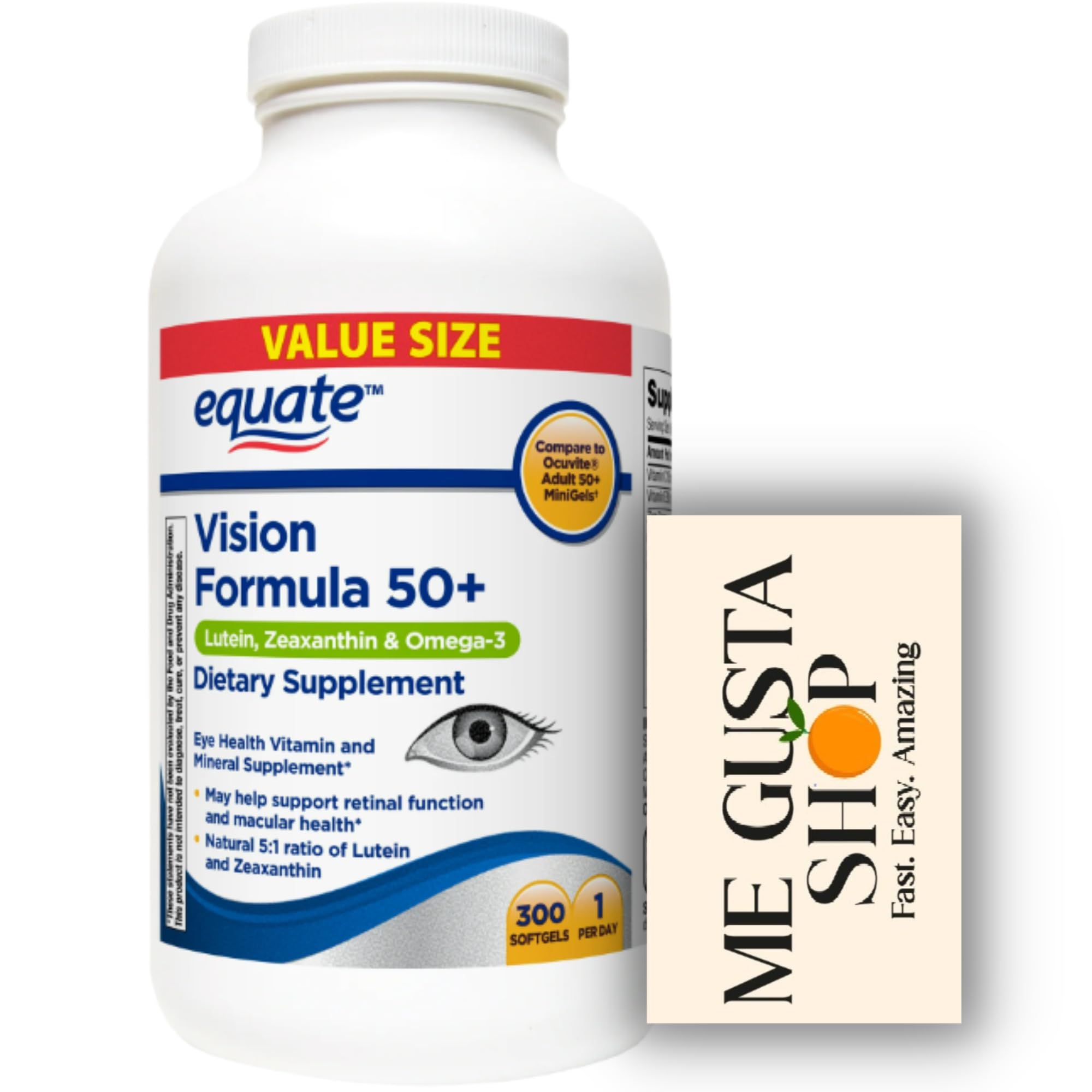 Equate Vision Formula 50+ Softgel Dietary Supplement, 300 Count + me Gusta Sticker