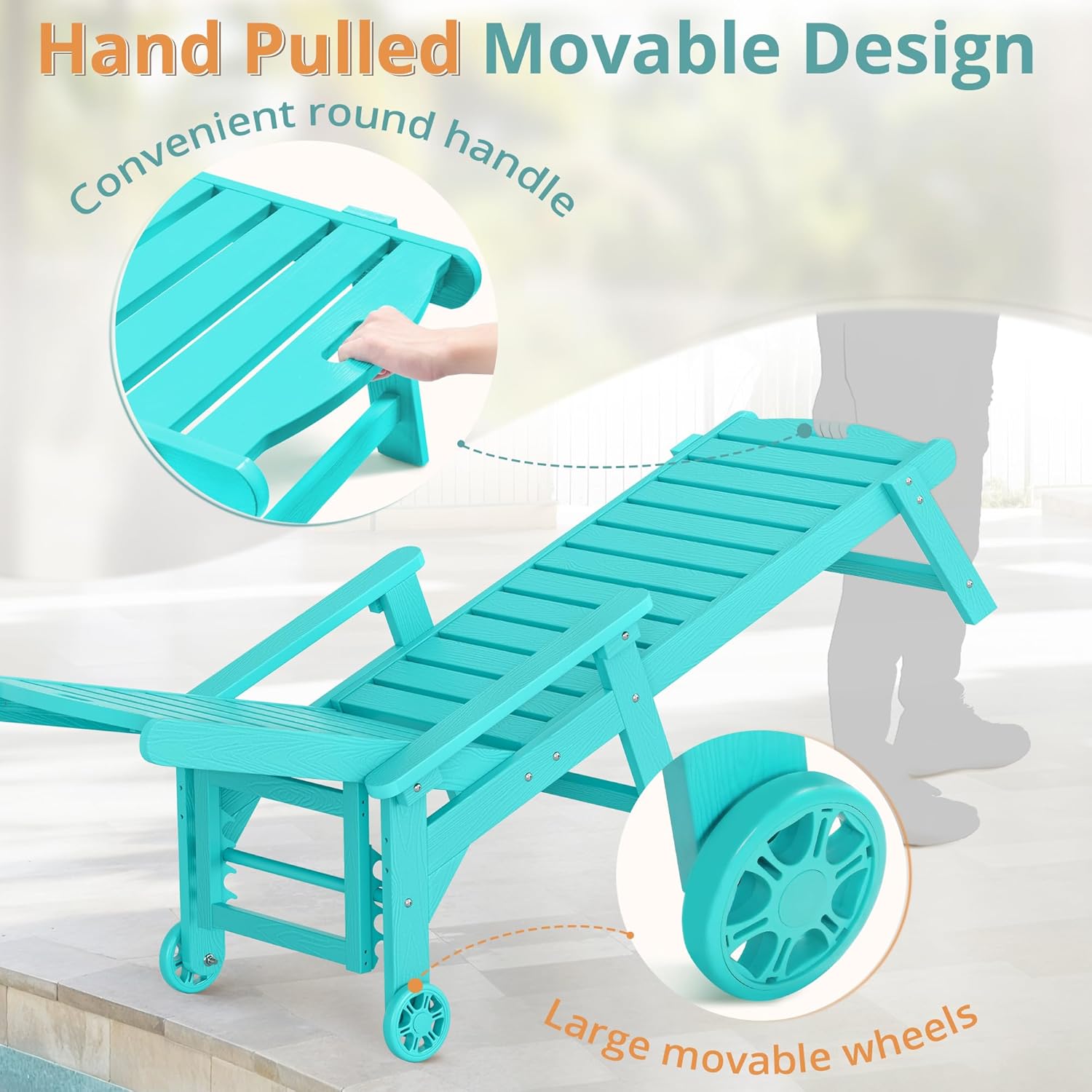 LUE BONA Outdoor Lounge Chair Set with Table, 3-Piece, HDPS Chaise Lounge Outdoor with Wheels, 5 Positions Adjustable Pool Lounger Chairs for Outside, Patio, Aruba Blue