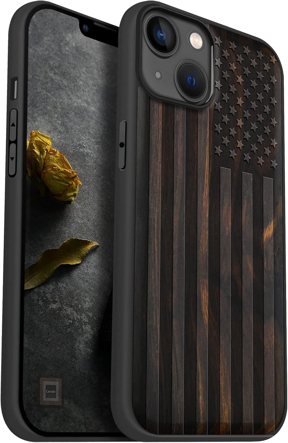 Carveit Magnetic Wood Case for iPhone 14 Plus - Natural Wood & Black Soft TPU - Shockproof Protective Cover - Unique & Classy Wooden Case - Compatible with MagSafe (American Flag - Blackwood)