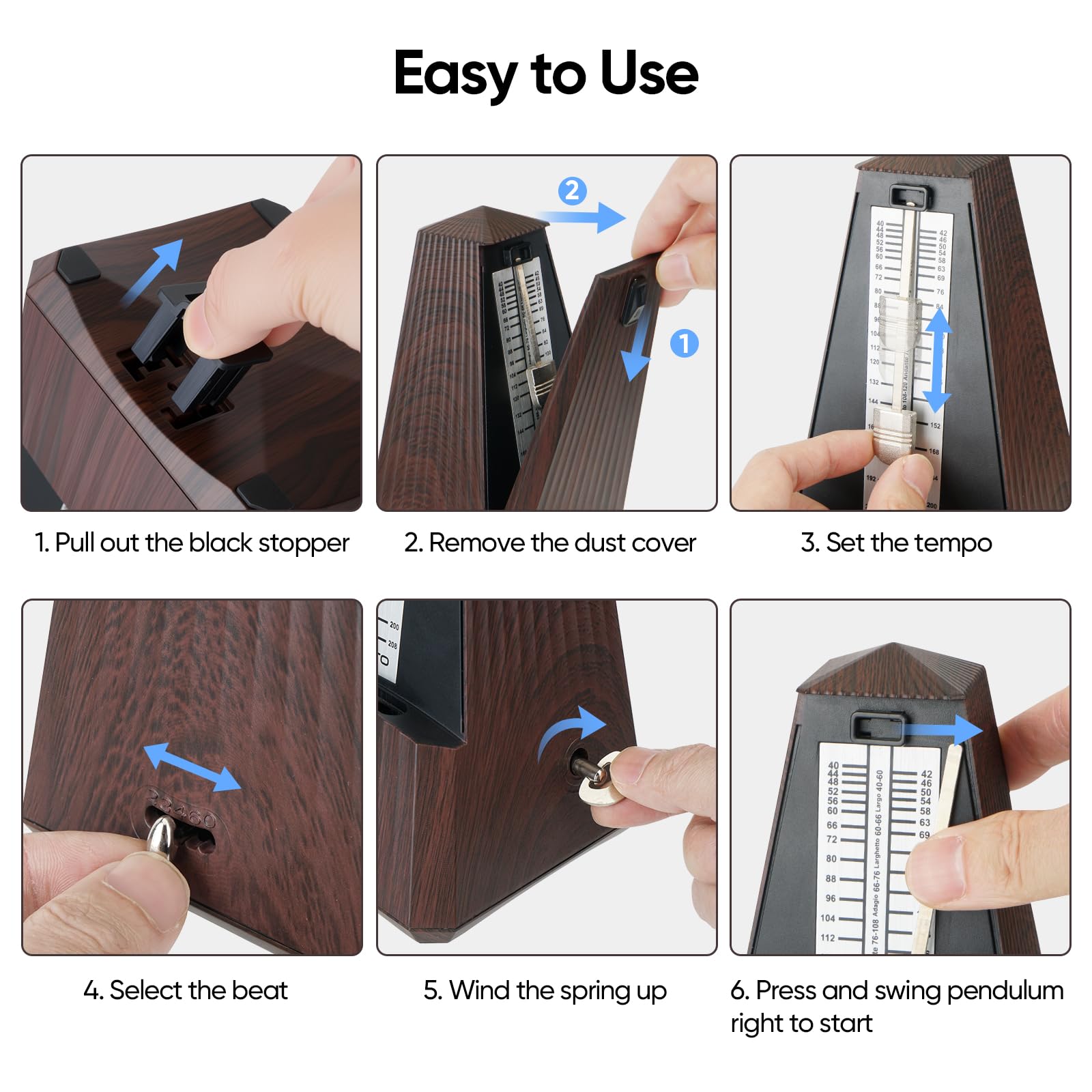 Ueteto Metrónomo para piano, guitarra, batería, práctica de violín, metrónomo mecánico con sonido fuerte para músicos principiantes, intermedios y avanzados (grano de madera)