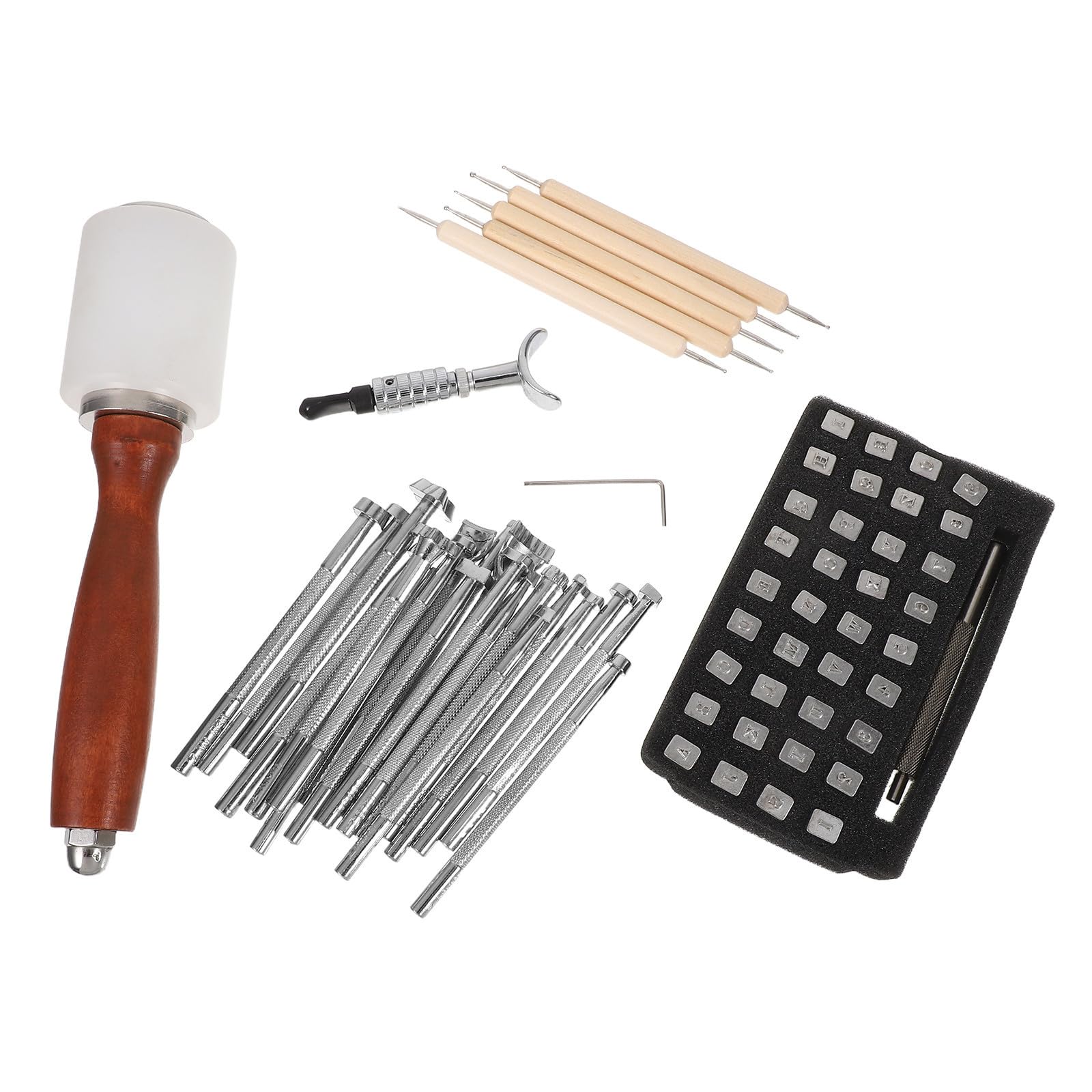 DIYEAH Outil de Tampon pour Cuir, Jeu de Presse Lettres et Chiffres, Acier Inoxydable, Acier au Carbone, Bois et Caoutchouc, Prise Confortable, Impressions Nettes, Usage à Domicile