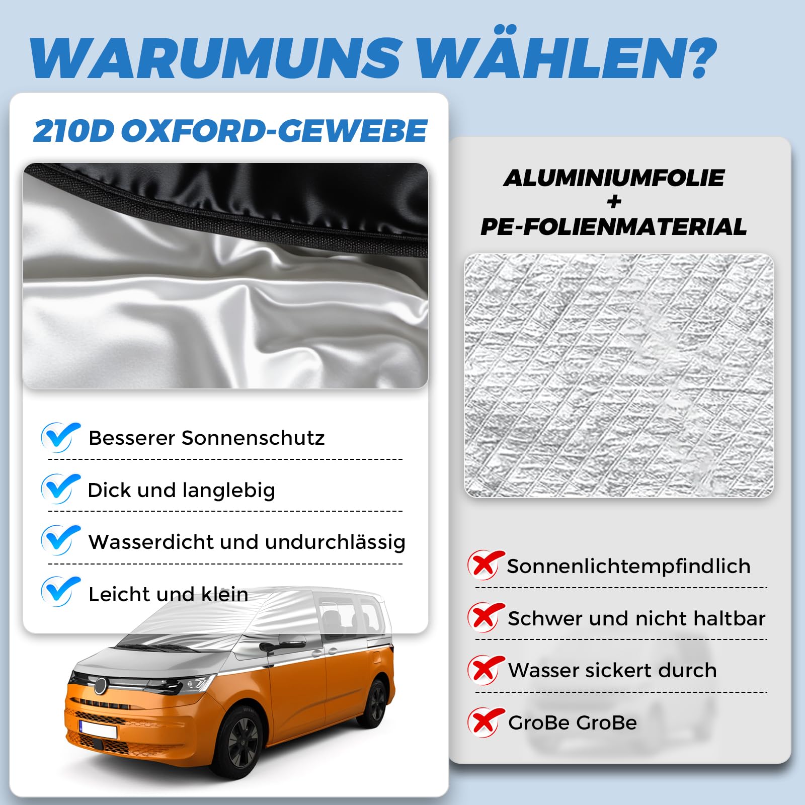Frontscheibe Wrap Cover Ersatz Für VW Caravelle/Transporter/Multivan T7, Luxus Silber Windschutzscheiben Abdeckung, Faltbare Frontscheibe Sonnenschutz Thermomatten Blackout Anti-UV/Frost/Ice/Staub
