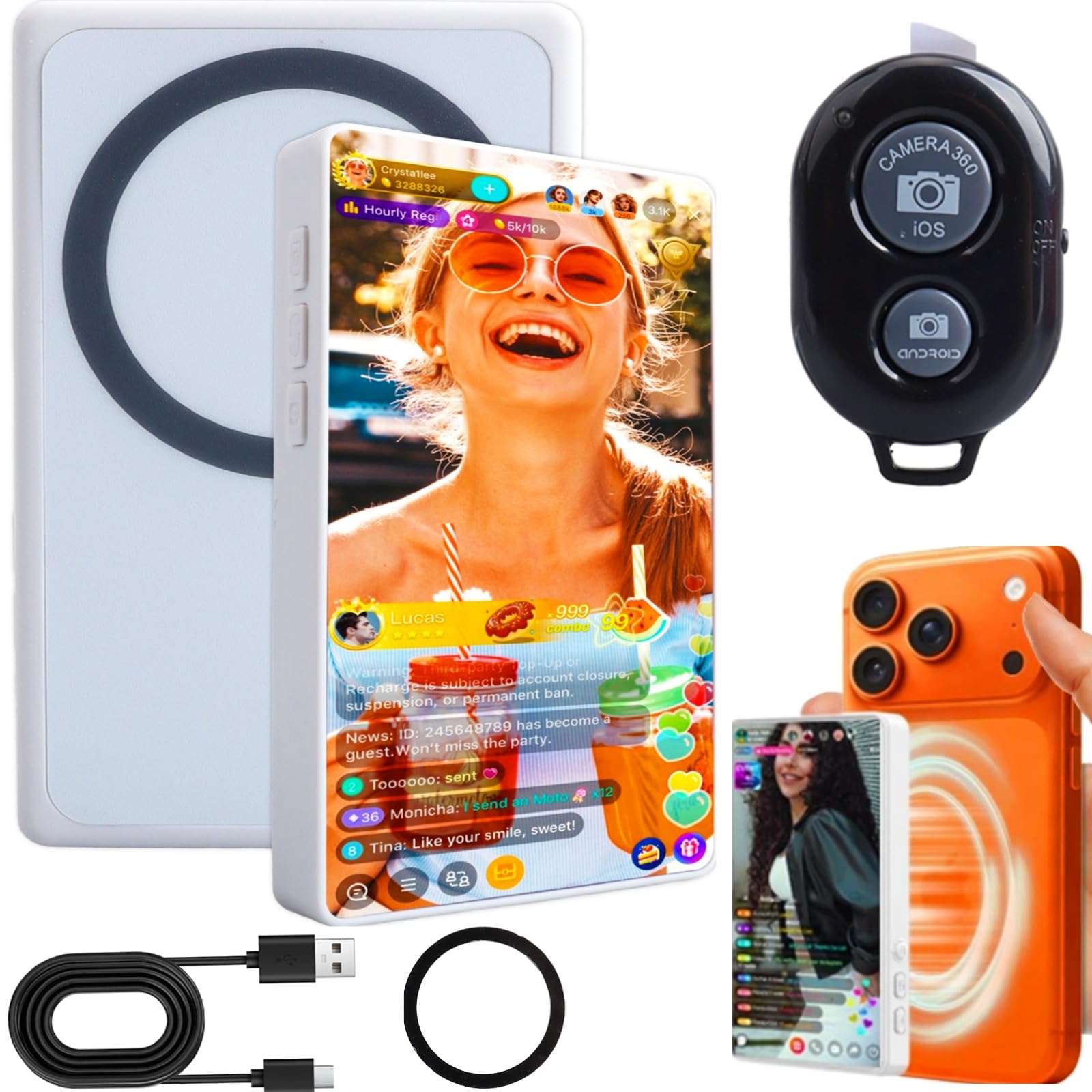 Selfie Monitor Schermo per Telefono, 4H Magnetic Schermo Portatileper Vlog, Selfie Monitor Magnetico Wireless Compatibile con iPhone & Android per Selfie Vlog Live Streaming