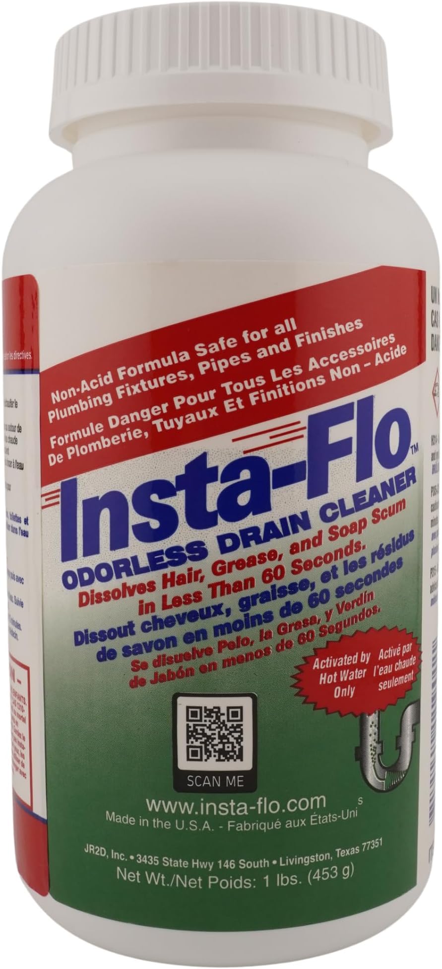 Insta-Flo Crystals Drain Cleaner – 1 lb (16 oz) – Odorless Drain Opener for Hair & Grease by Thrift Marketing