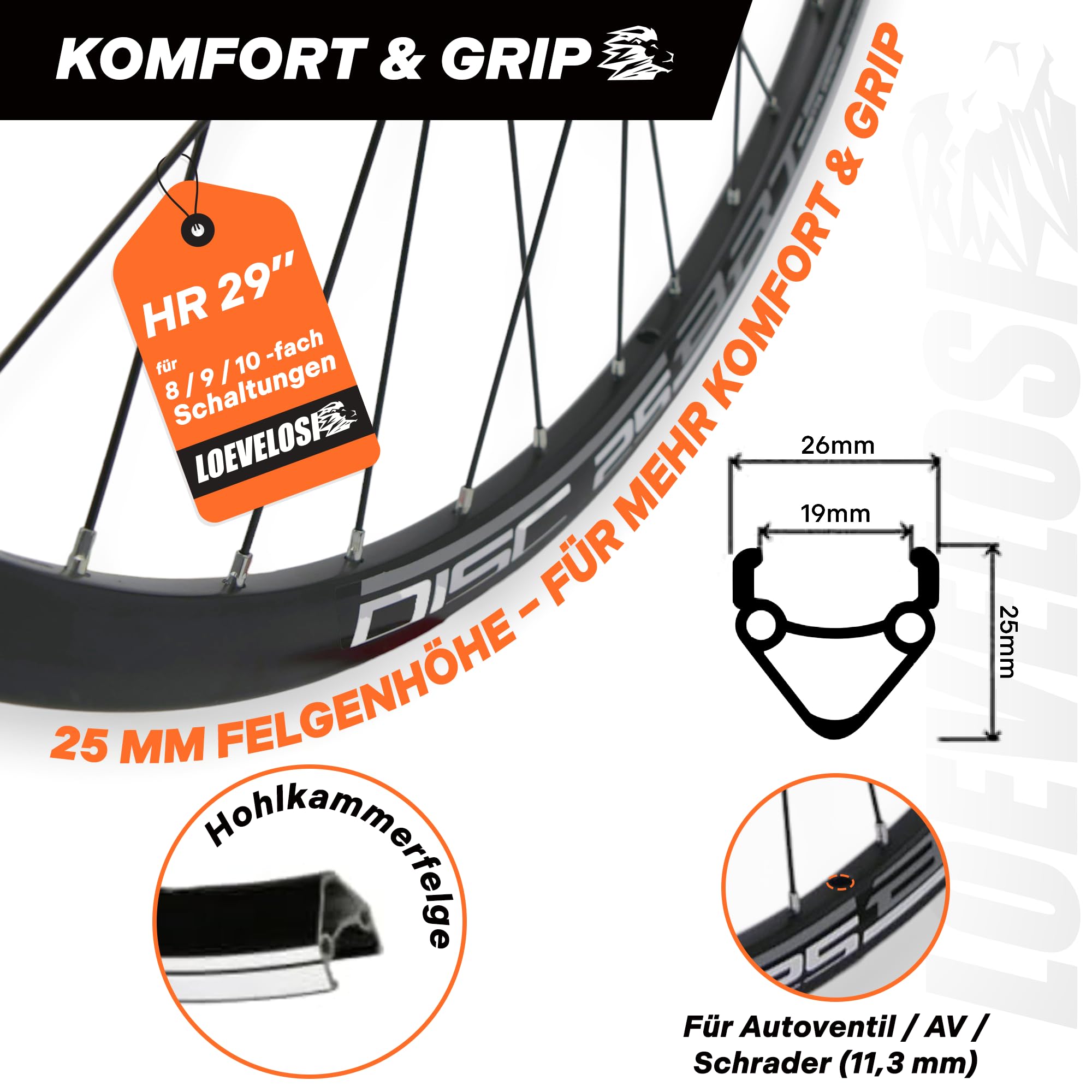 MTB Hinterrad 29 Zoll Fahrrad Laufrad – Scheibenbremse 6-Loch – QR 9/10×135 – Shimano HG 8–11-Fach – Alu Felge & Nabe – 36 Speichen – Schwarz – LOEVELOSI