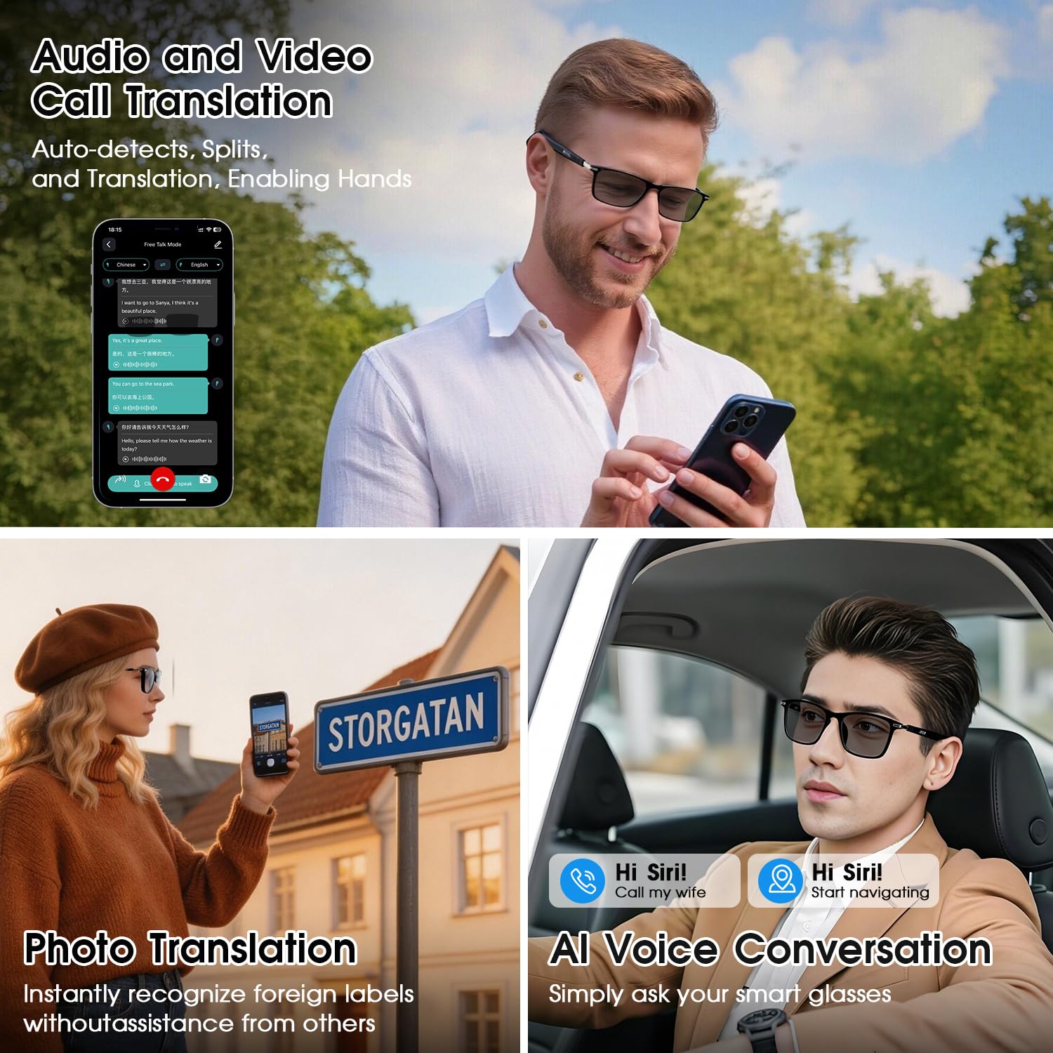AI Smart Brille mit 160+ Sprachen, Farbwechsel-Linsen, Integriertem Lautsprecher & Klarer Audio - Bluetooth Glasses für Reisen, Meetings und Business Nutzung