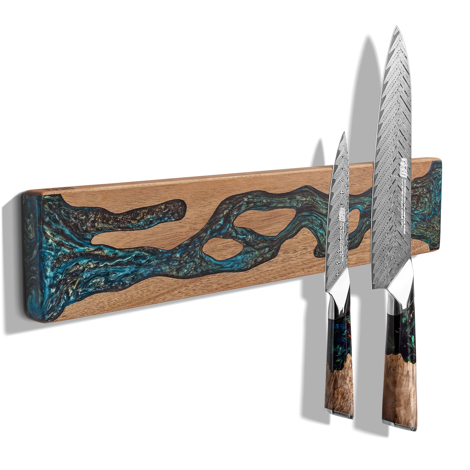 FINDKING Magnetic Knife Strip for Wall, Solid Acacia Wood with Mineral Blue Resin Inlay, Wall-Mounted Knife Holder with Strong Magnetic Hold, No-Drill Adhesive Mount (16 Inch)