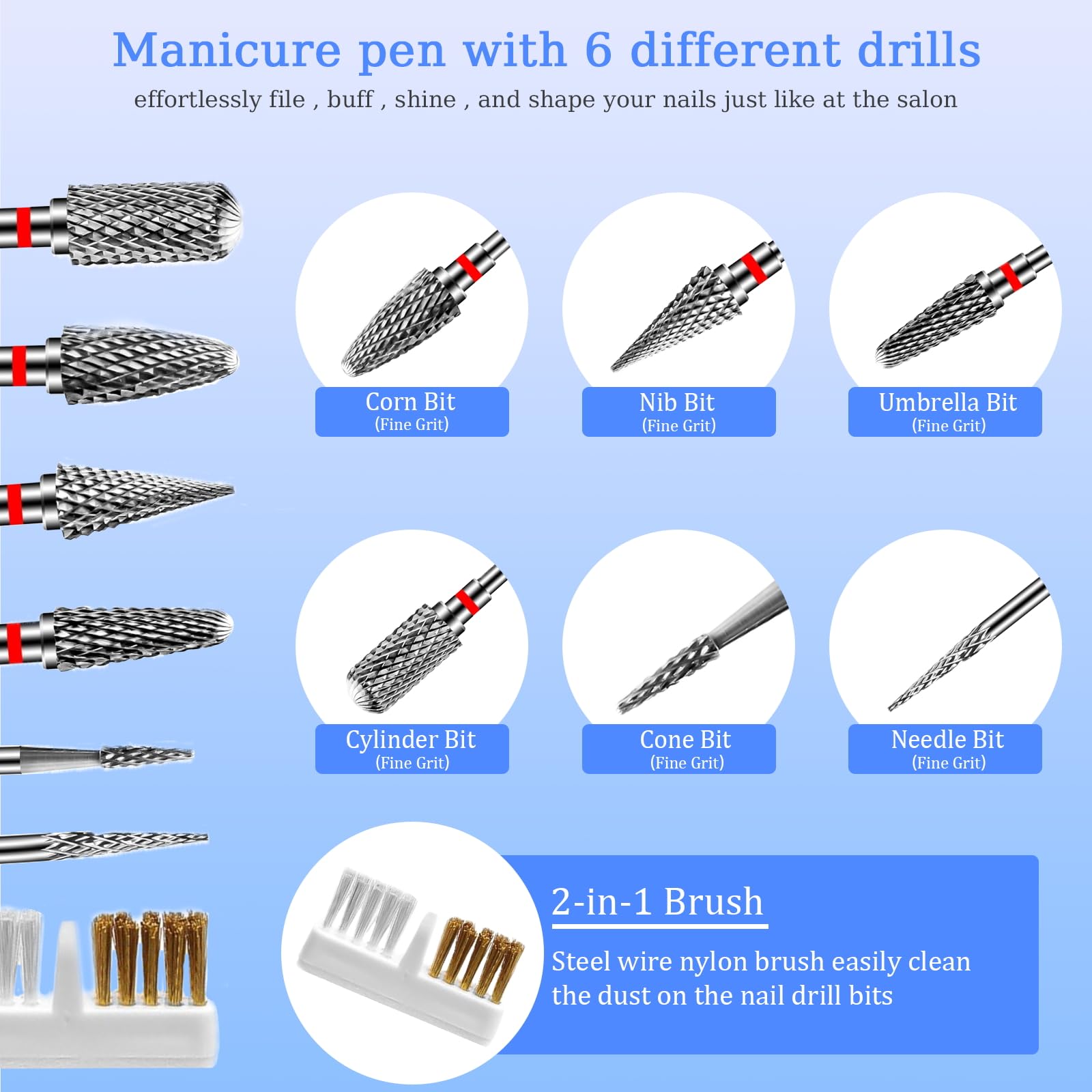 6 Piezas Fresas Torno para Uñas, Brocas de Carburo de Tungsteno, 1 Cepillo, 3/32 Pulgadas Brocas para Torno de Uñas para Eliminación de Gel Acrílico Cutícula (StilC)