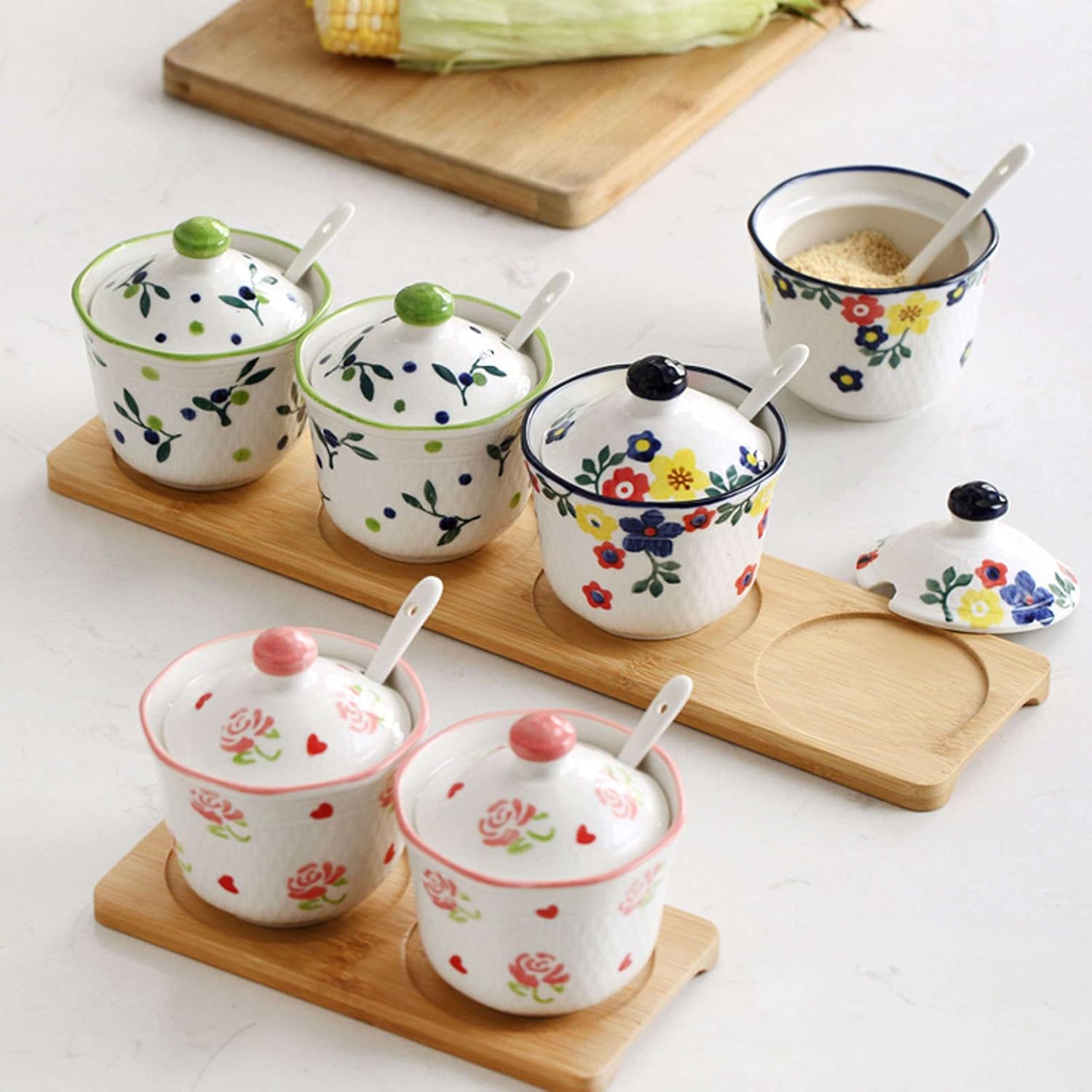 Sugar Bowl,Seasoning Canister, Hand Drawn Pattern Sugar Bowl with Lid, Ceramic Teacup Shape Sugar Pot, Coffee Accessories, Sugar Pourer, Kitchen Storage-Bauhinia-3 Set (Color : Bauhinia, S