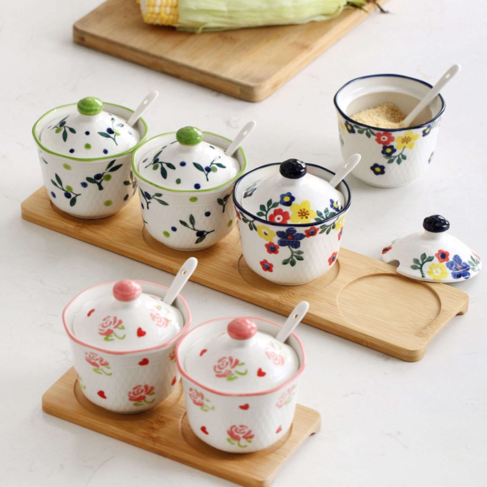 XYNSNDB Zuckerdose, Gewürzbehälter, handgezeichnete Muster-Zuckerdose mit Deckel, Keramik-Teetasse-Form, Zuckerdose, Kaffeezubehör, Zuckerausgießer, Küchenaufbewahrung, Bauhinia, 3er-Set, rote STR