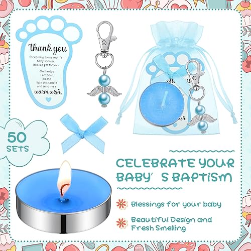 Miniatura 10 de Landical 50 juegos de regalos de baby shower para invitados, incluyendo 50 velas de té sin perfume, 50 llaveros de ángel, 50 bolsas de regalo, 50