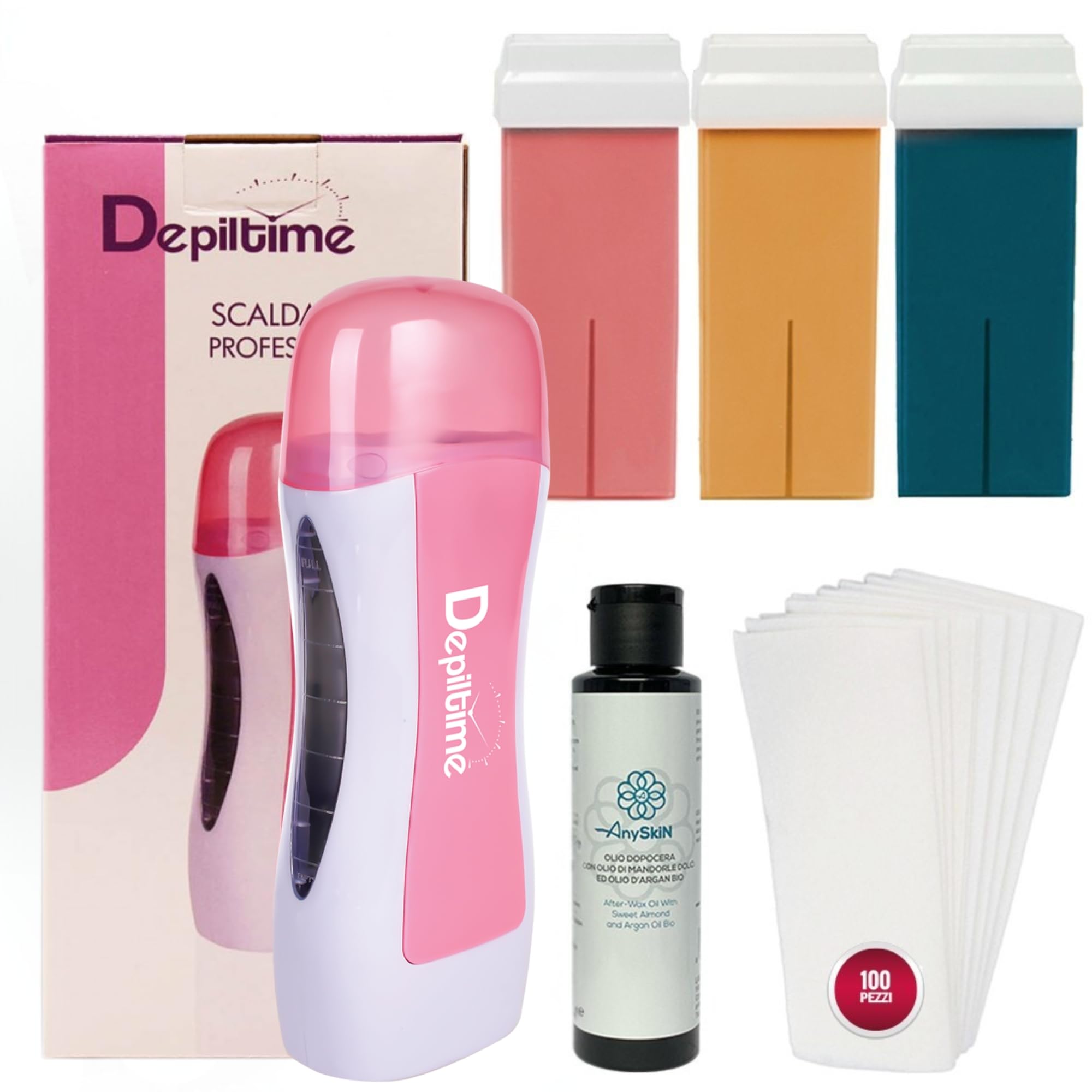 ANYSKIN Kit d'épilation > Chauffe-cire + 3 rouleaux de recharges + ANYSKIN après cire + 100 bandes d'épilation
