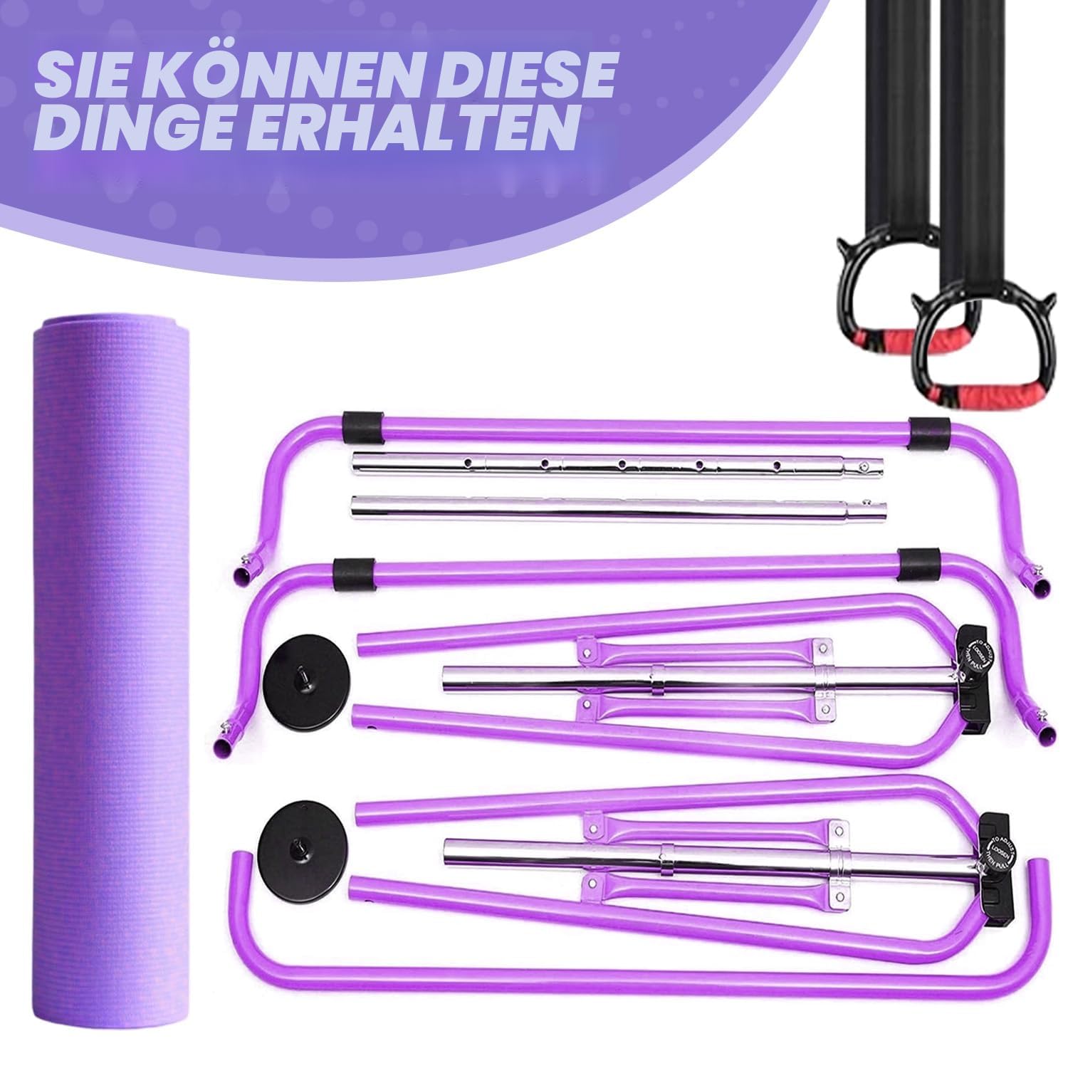DOBESTS Gymnastikstange, Höhenverstellbares Turnreck 90-130cm, Faltbar | Mit Turnringen & Matte, bis 100 kg belastbar – platzsparend faltbares Gymnastikgerät für Zuhause, Fitnessraum & Garten