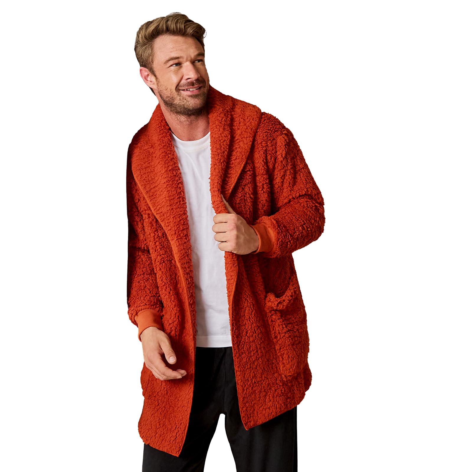 Ohs Unisex Rust Waterfall Teddy Fleece Cardigan Long Sleeve Open Front Wrap Style Cardigan Sweater With Pockets Lightweight Ultra Soft Warm Cardigans Casual Wear & Lounging, -S/M