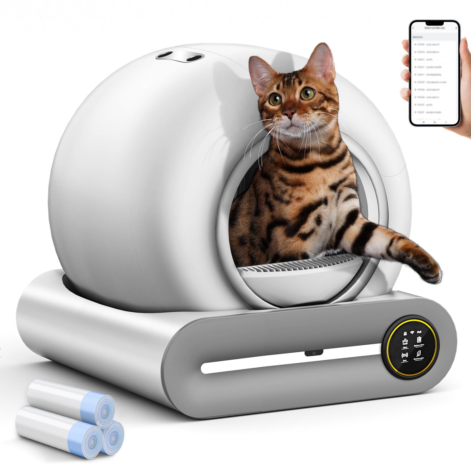 Self Cleaning Litter Box, Automatic Cat Robot for Multiple Cats, Large Litter Box with 3 Rolls Waste Bags Liners, App Control, Negative ion Deodorization