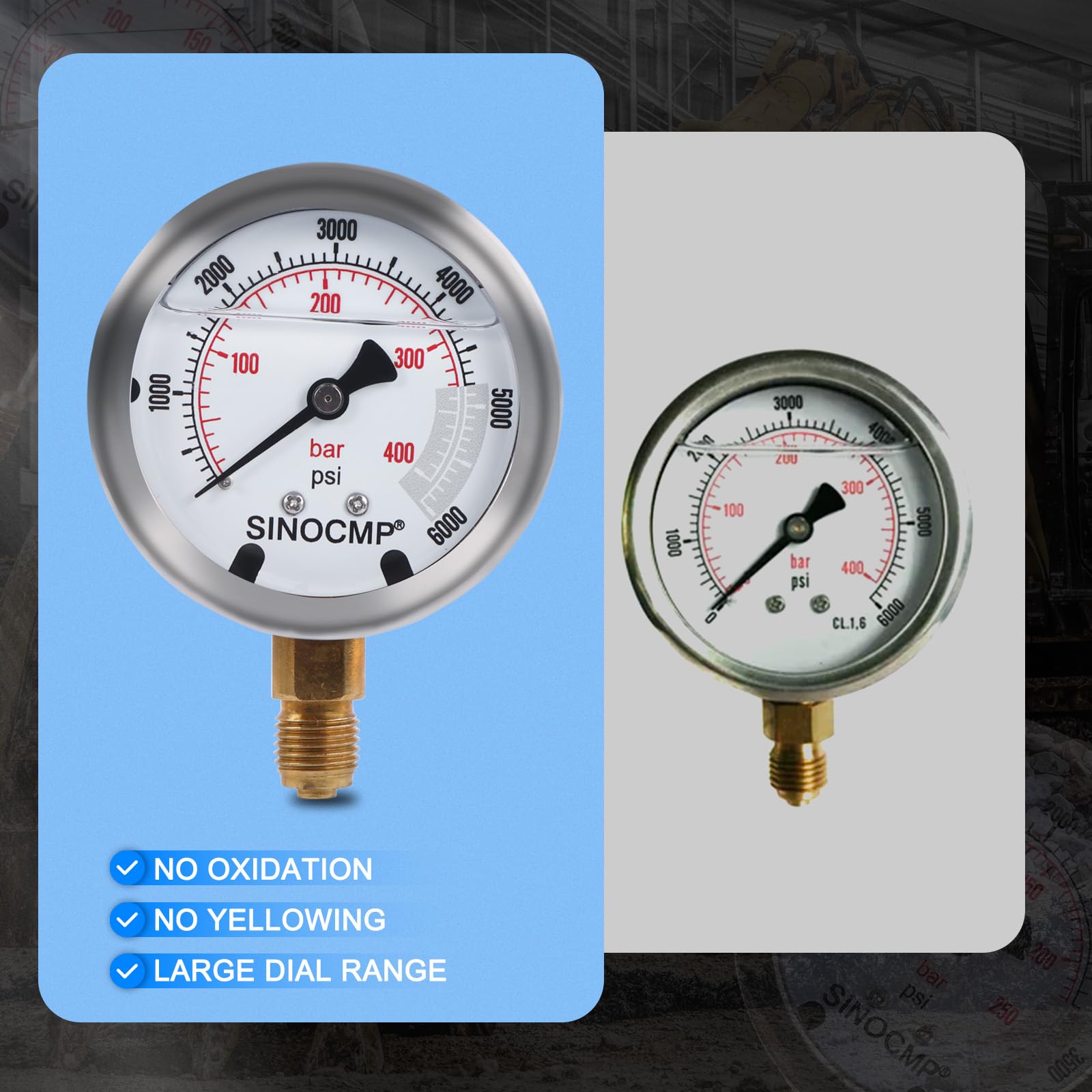 Kit de test de pression pour manomètre hydraulique SINOCMP 6 raccords 3 flexibles de test longs de 160 cm et 3 manomètres 10/25/40 MPA pour excavatrice