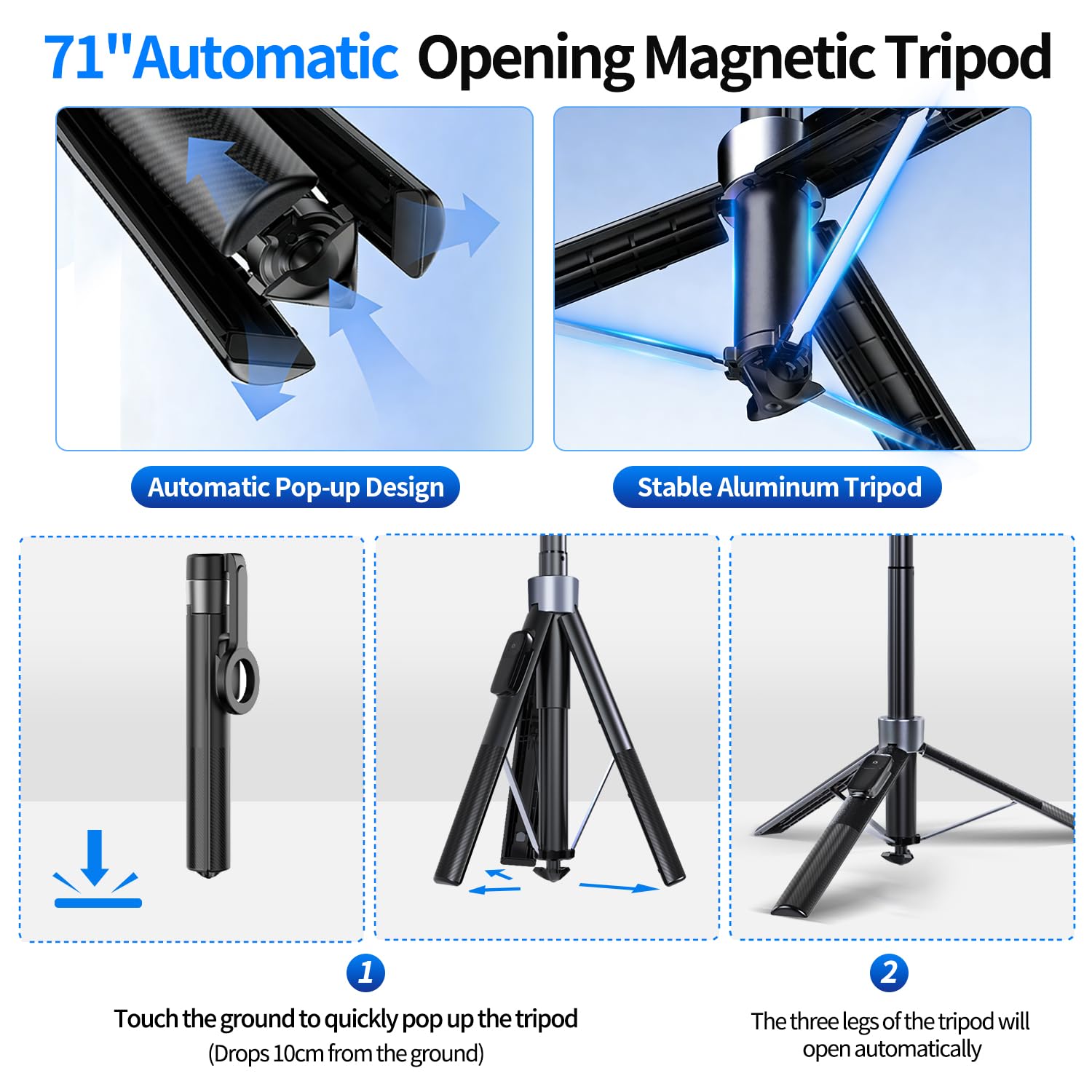 yAyusi Kit vlogging magnetico 3 in 1 per iPhone/Android, kit di avvio per YouTube, treppiede magnetico/microfono/telecomando, selfie stick da 71" con luce per kit essenziale per creatori di contenuti