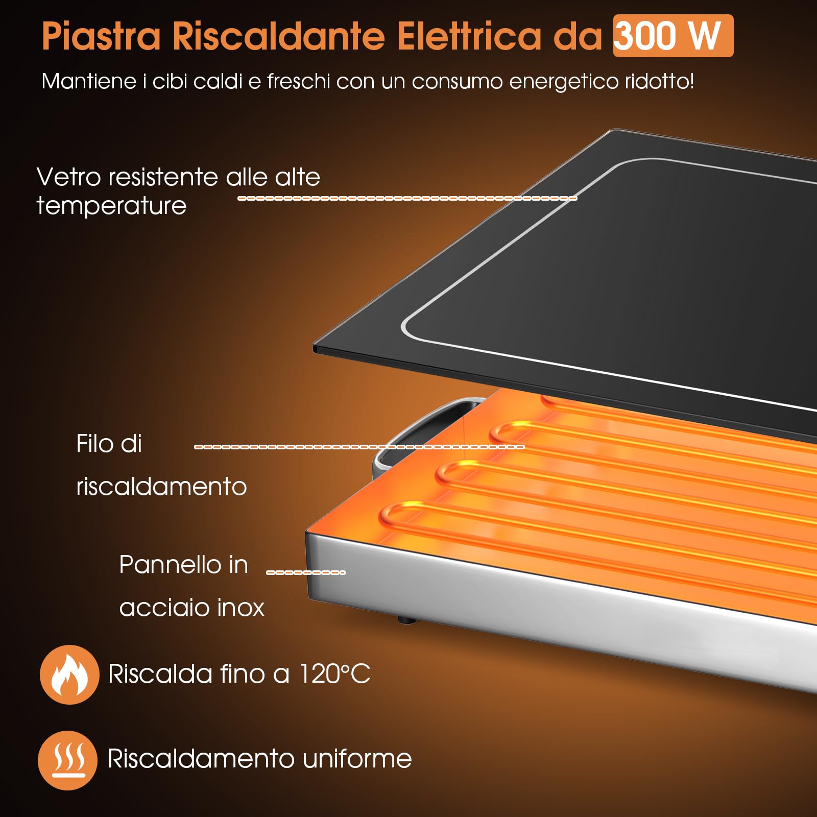 GYMAX Vassoio Scaldavivande Elettrico, Scaldavivande con Temperatura Regolabile in Acciaio Inox, Scaldavivande per Buffet con Superficie in Vetro e Maniglie Fredde, 56 x 36 cm