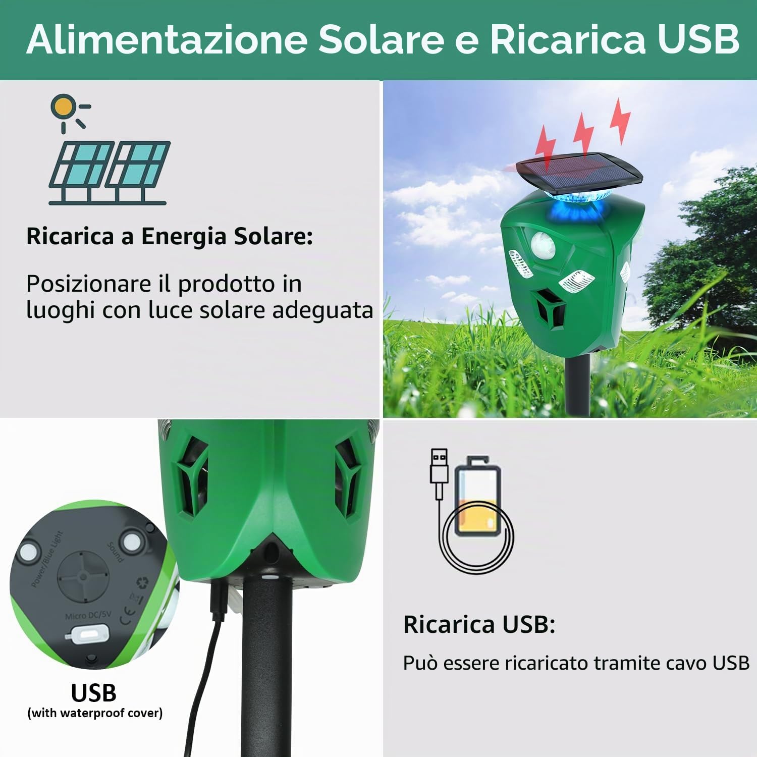 Spavento solare di animali selvatici | Cinghiale | Conigli | 3 sensori di movimento | Protezione a 360° | Ultrasuoni e suoni | Luce flash