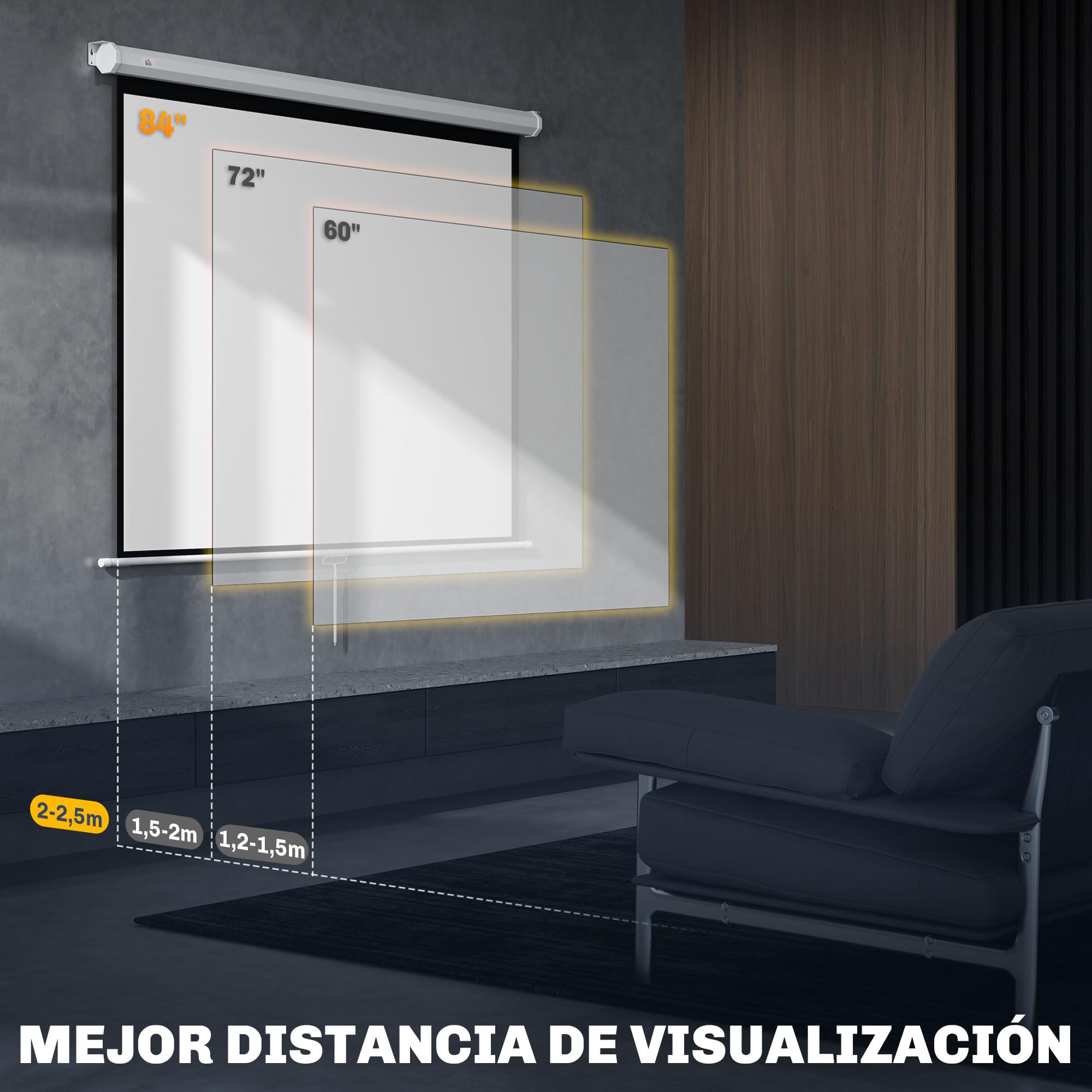 HOMCOM Pantalla de Proyector Manual 84 Pulgadas Pantalla de Proyección Portátil Formato 4:3 Ángulo de Visión de 160° para Interior y Exterior Eventos Deportivos Cine en Casa Patio 165x124 cm Blanco