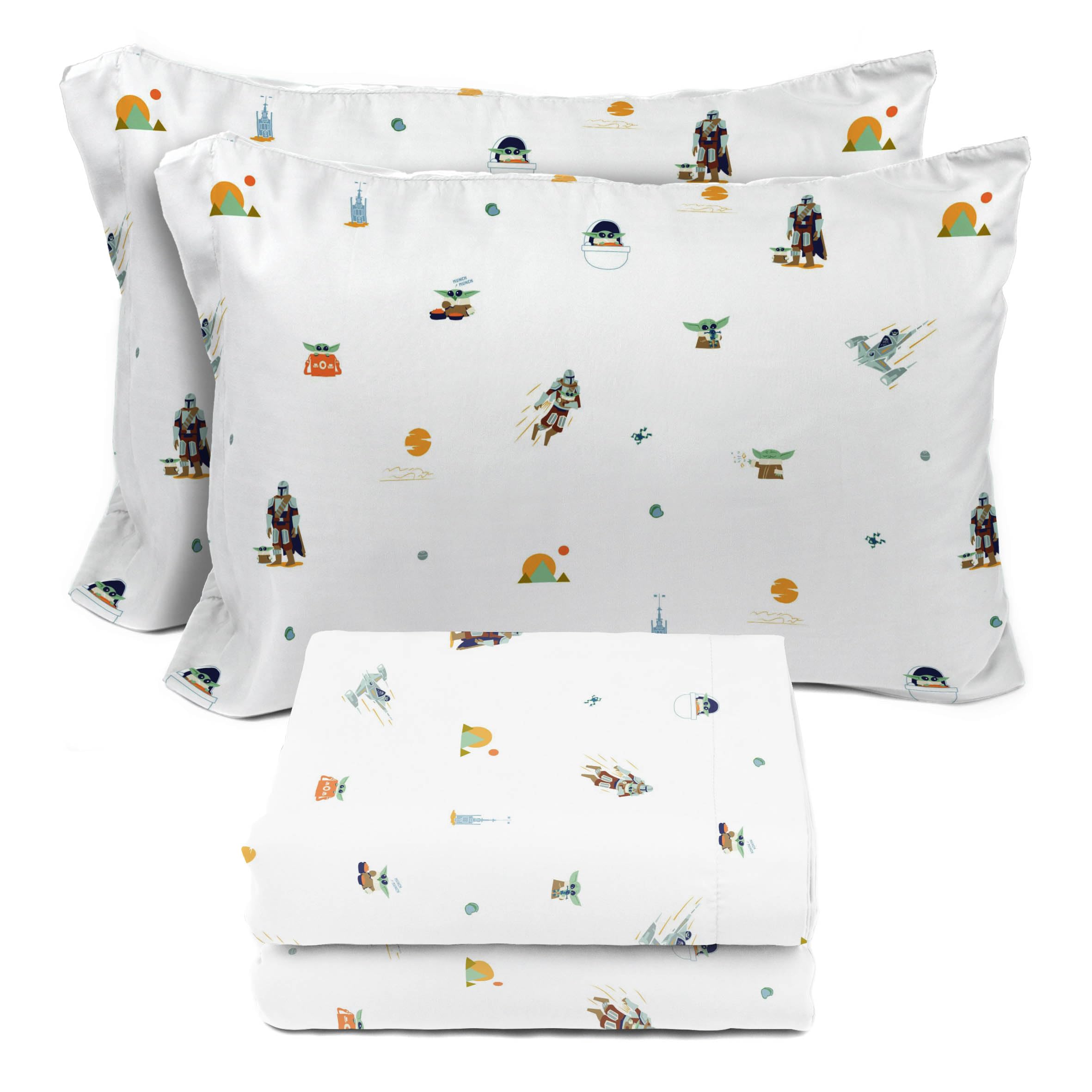 Sunny Side Up Kids Sheet Set with Fitted, Flat Sheets &amp; Pillow Cover - Ultra-Soft Bedding with Pillowcase for Room Decor, White - Star Wars Mandalorian, 4 Piece Full
