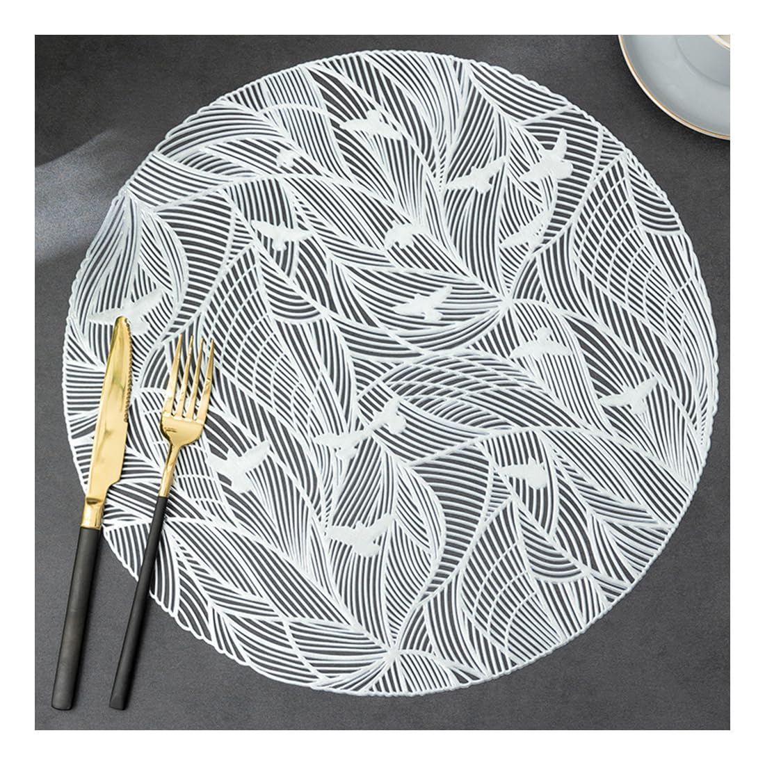 Mat De Table Rond Imperméable PVC - 38 Cm (14,9 Pouces) Mat De Table, Tapis De Thé À Café De Design Creux Moderne pour Les Restaurants, Cuisine, Usage De Bureau,Argent,10pcs