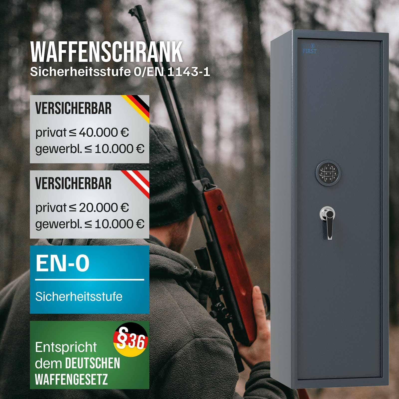 Profirst Waffenschrank Shooter 5 EN0 Anthrazit Stahl bedingter Feuerschutz Elektronikschloss Notbestromung Platz für 5 Langwaffen Schaumstoffwaffenhalter inkl. Befestigungsmaterial