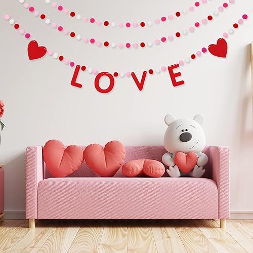 Miniatura 7 de Whaline 3 unidades de pancarta de fieltro para el día de San Valentín, pancarta con pompones de corazón, rojo, blanco, rosa, guirnalda decorativa