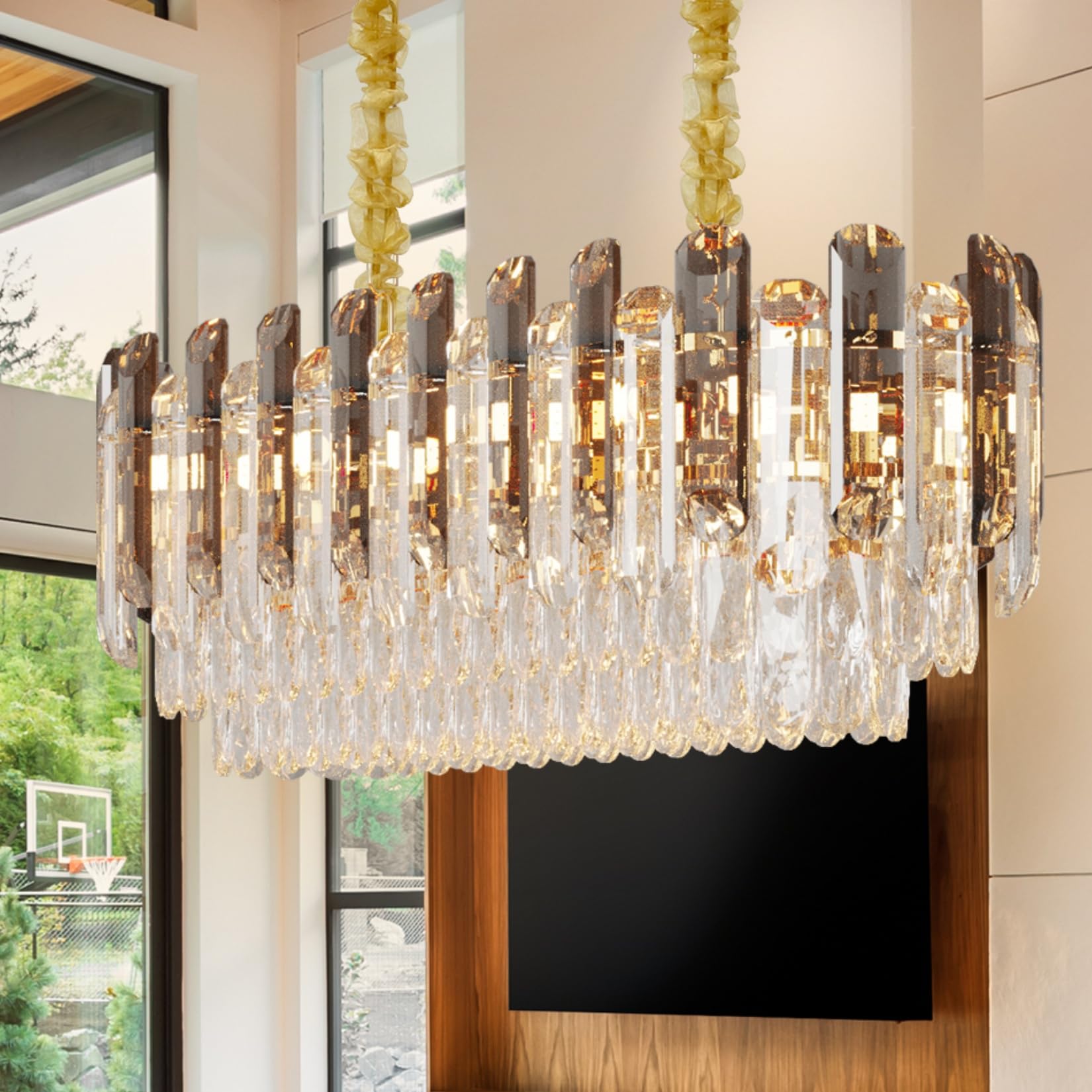 Vrygle Crystal Chandelier Ceiling Light: 3-Tier Modern Adjustable Height Round Pendant Lamp with 3 Dimmable Colors for Living Room Kitchen Bedroom Hallway Transparent Grey 23.6” x 11.8”, E14 x 6