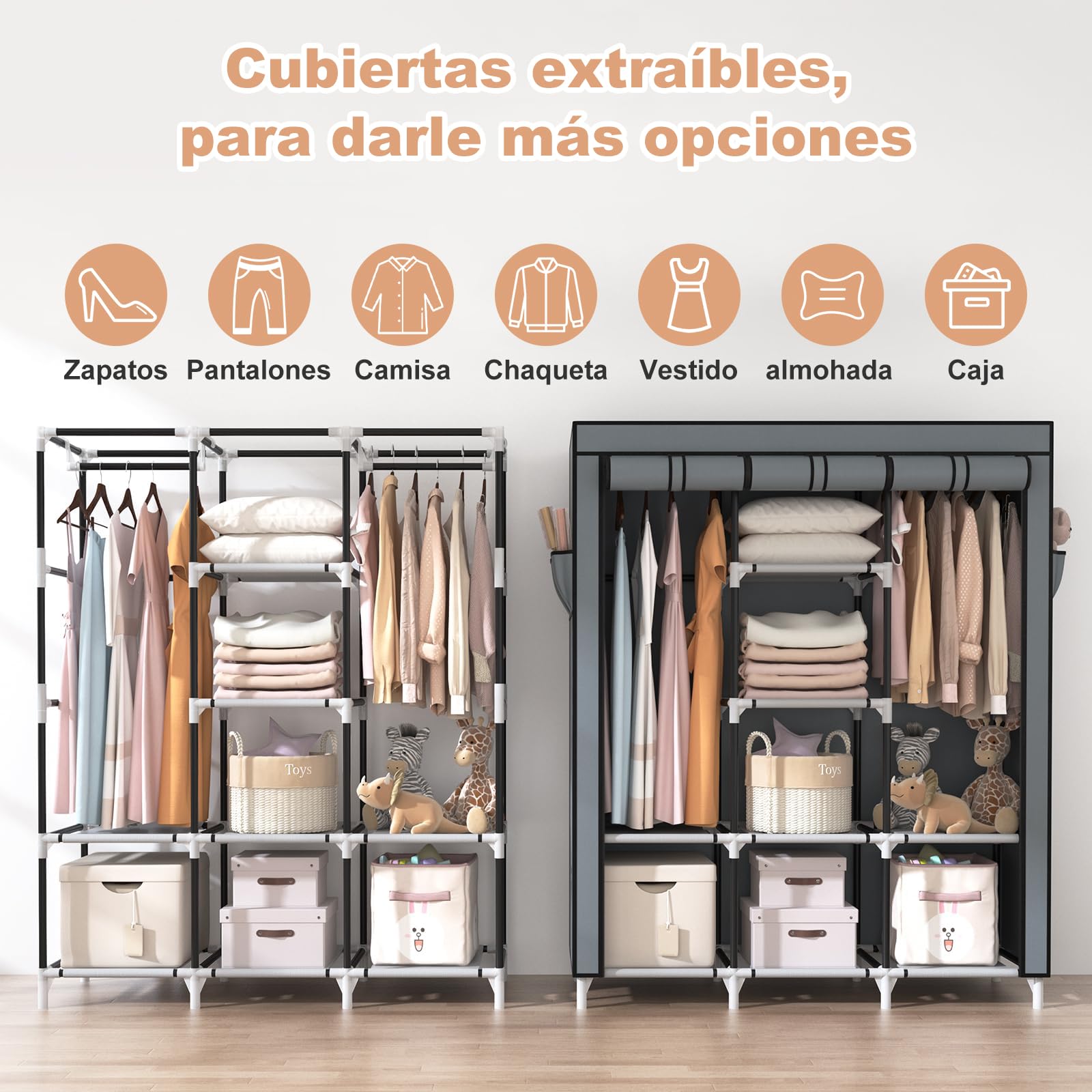 Vicye Armario de Tela para Ropa Plegable, Organizador Ropero con 2 Barra para Colgar, 8 Estantes y 4 Bolsillos Laterales, Marcos Metálicos, Gran Capacidad (Gris 124 x 42 x 162 cm)