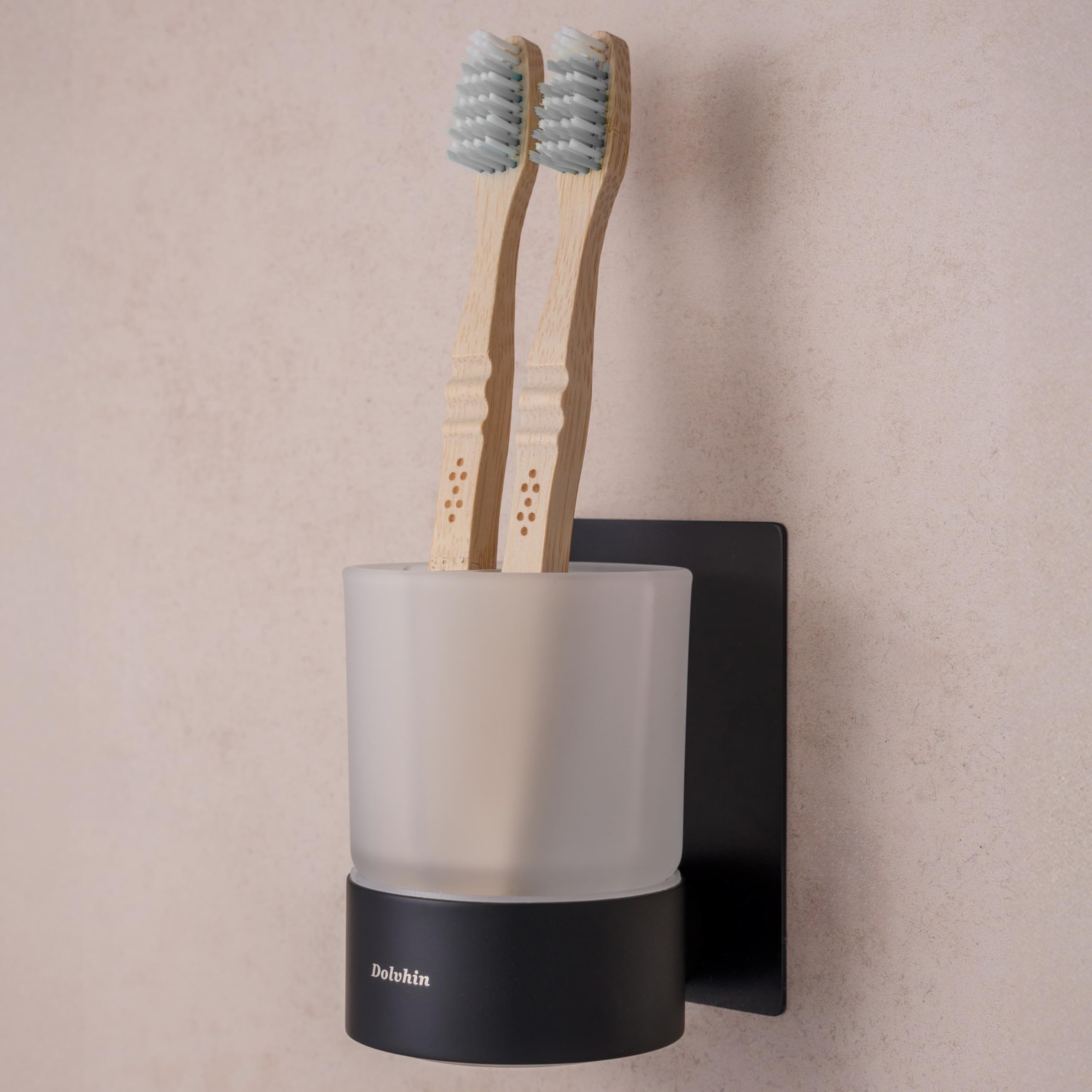 Dolvhin Zahnputzbecherhalter ohne Bohren | Milchglas Zahnputzbecher zum Kleben | Zahnbecher & Wandhalterung Zahnbürstenhalter Edelstahl | Zahnbürstenbecher & Zahnbürsten Organizer | Schwarz Matt