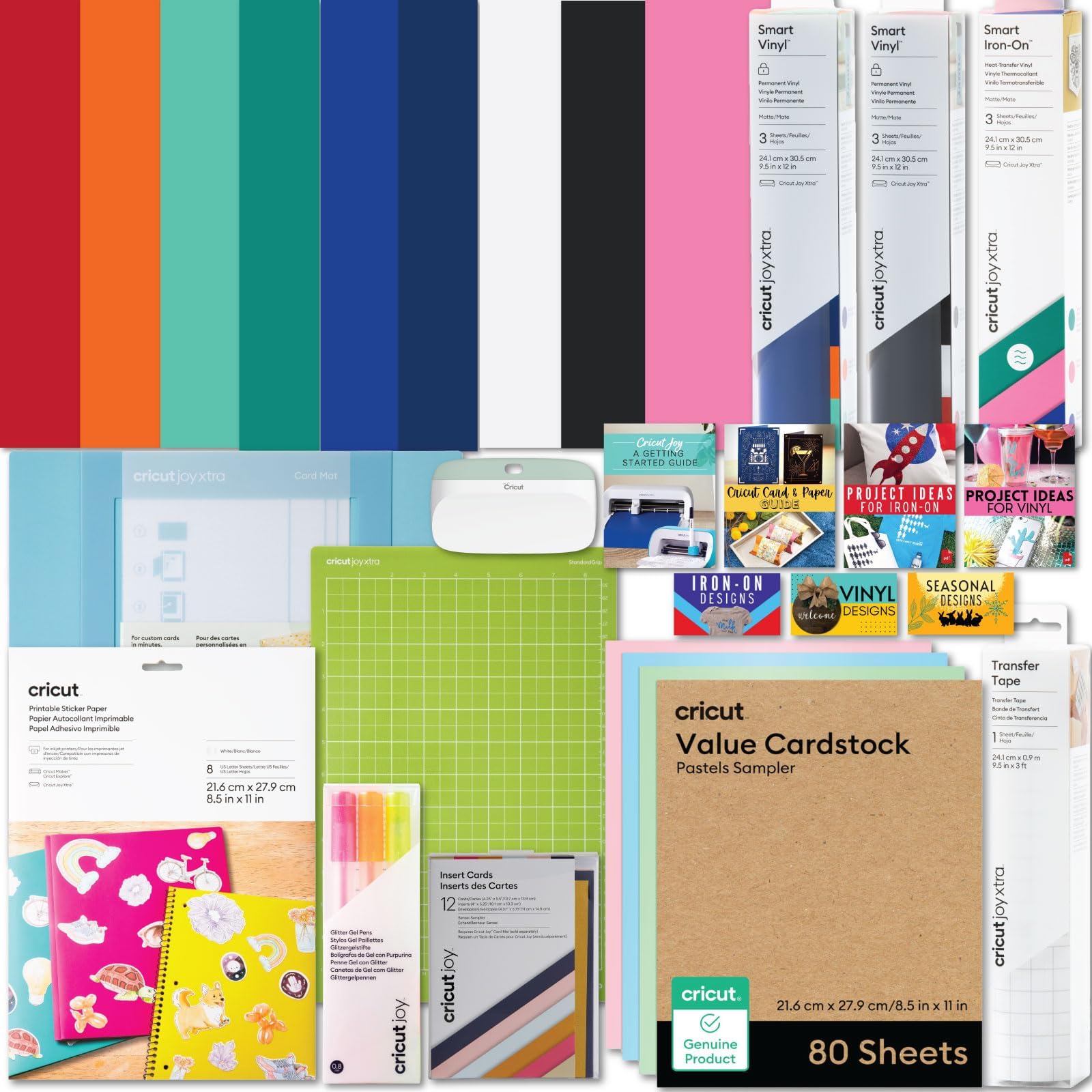 Ultimate All-in-One Materials and Accessories Bundle - 115+ Piece Beginner Sampler Material Kit for Cricut Joy Xtra Cutting Machines - Vinyl, HTV, Card Making Packs, Pens, Tools & Sticker Paper