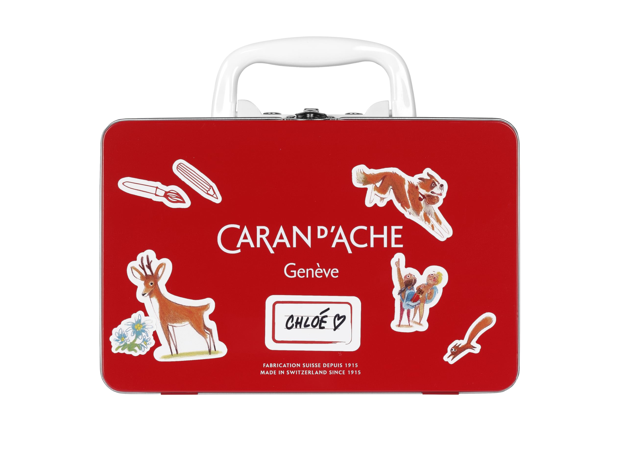 Caran d'Ache Swisscolor 3000.223 Kit de voyage en métal rouge avec système de fermeture en métal et poignée en plastique blanc
