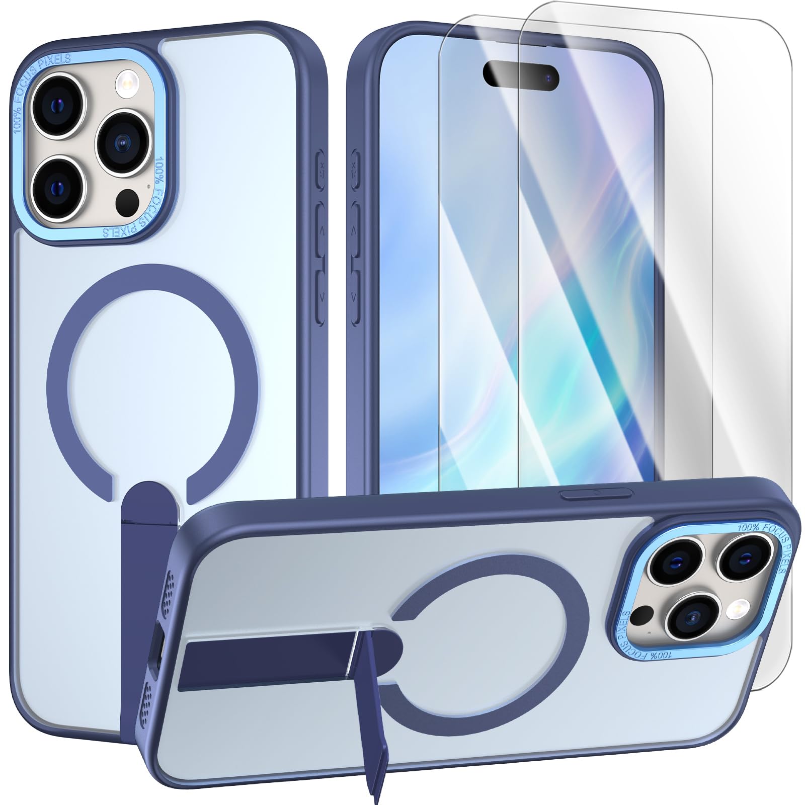 Cover magnetica per iPhone 15 con MagSafe & 2 lenti temperate, custodia antiurto con magnete N52, ultra leggera con supporto in metallo e rivestimento anti-impronta blu