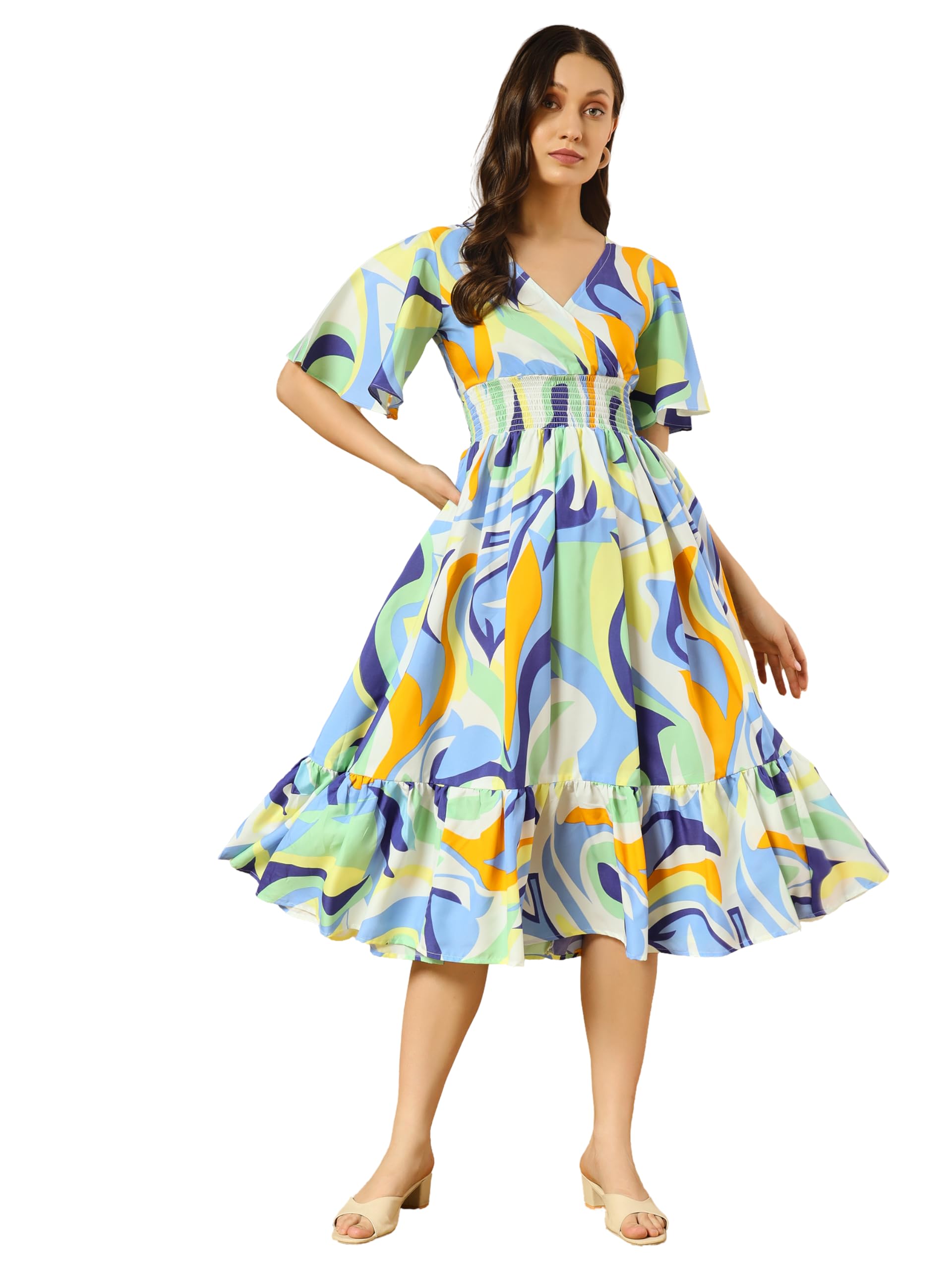Kzully Women's Rayon Smocked Midi Casual Dress (6001_Rangili_Pista_Blue_Large