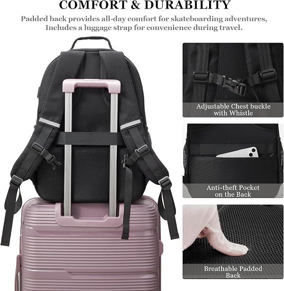 Skateboard Backpack, Large Skateboard Bag for Men and Women Laptop Bag with USB Port, for Skateboarding, College, Travel, Black, Sports