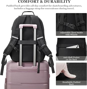 Skateboard Backpack, Large Skateboard Bag for Men and Women Laptop Bag with USB Port, for Skateboarding, College, Travel, Black, Sports