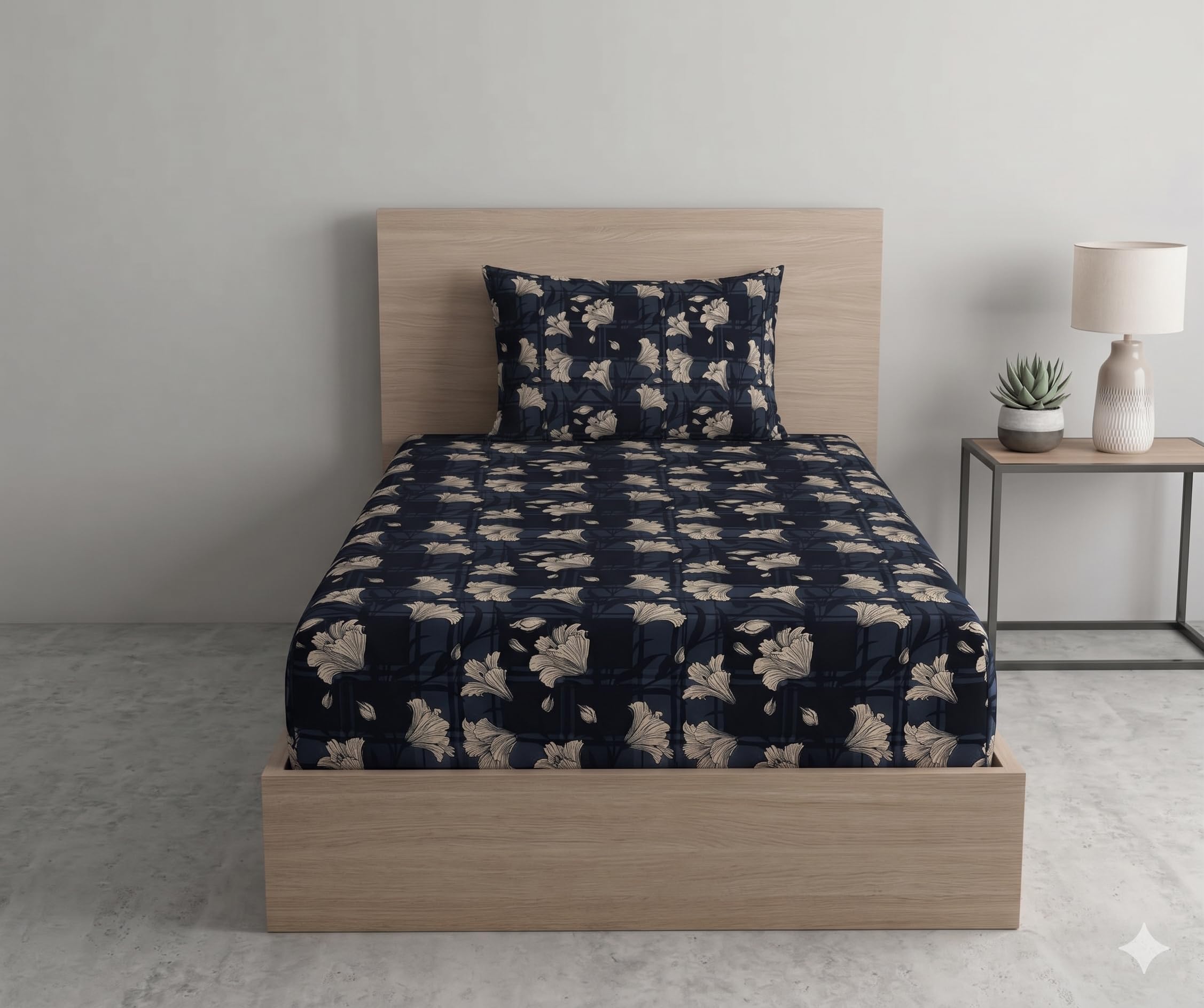 DECOMIZER Cotton Feel All Around Elastic Fitted Glace Printed Single Bed Bedsheet with 1 Large Pillow Cover Fits Upto Mattress of 6 Inches,Size - 42 x 75 x 8 Inches, Dark Grey Lily
