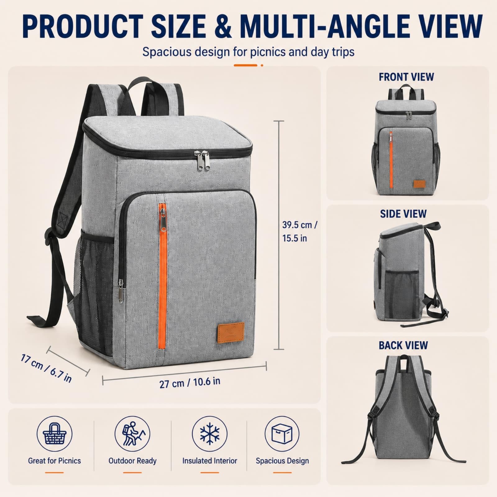 Surwin Zaino Frigo Termico,Zaino Termica Porta Pranzo Borsa Frigo Impermeabile Portatile Grande Capacità 18L Borsa da Picnic Resistente Leggero per Uomo Donna, Campeggio (Grigio,39.5x27x17cm)