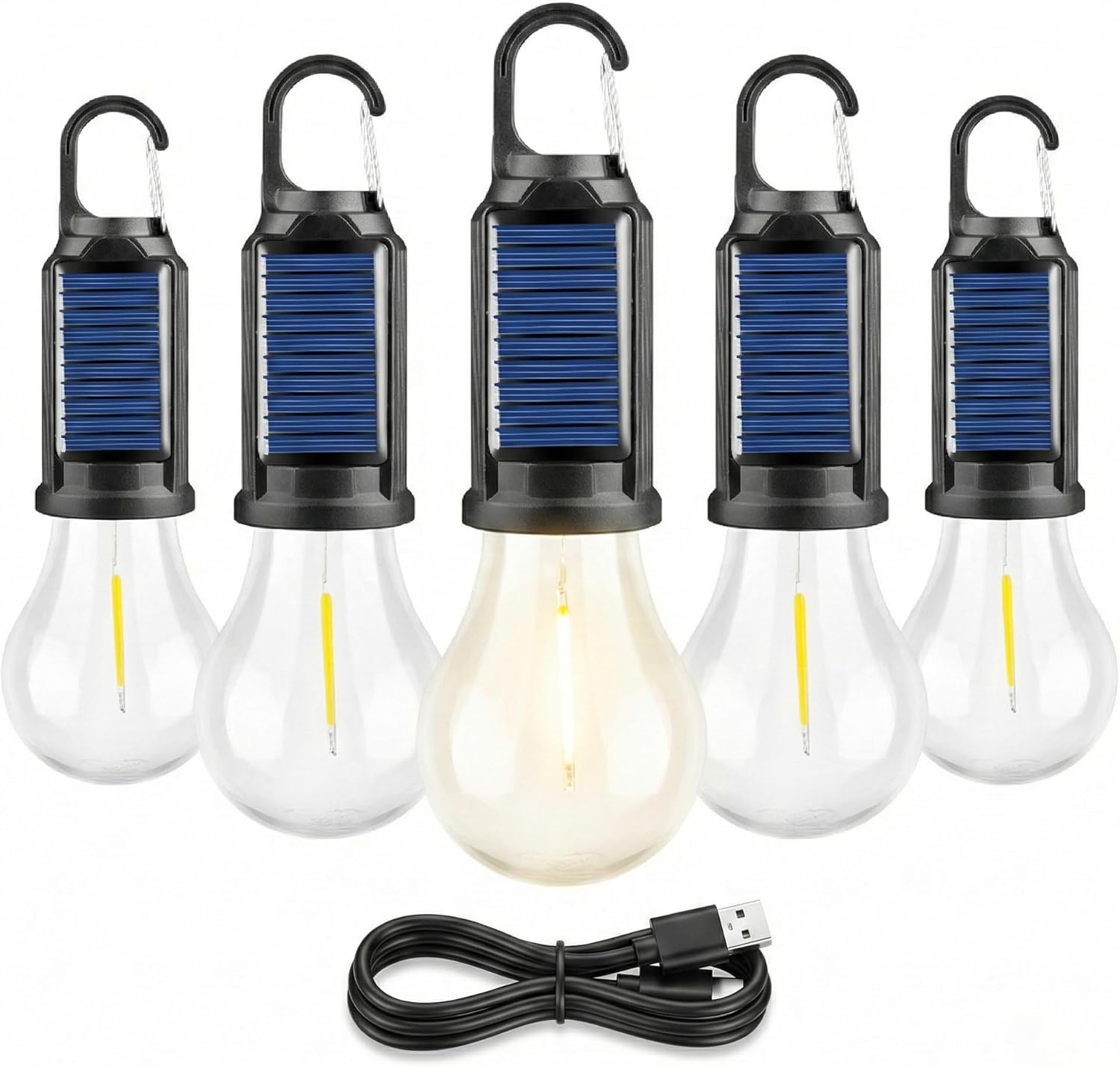 5-Pack Solar Camping Light, Rechargeable LED Lantern Bulbs with Clip Hook, Warm White Filament Tent Lights, 3 Modes & Auto-Sensor, Waterproof Emergency Lamp for Hiking, Hurricane, Power Outage Prep