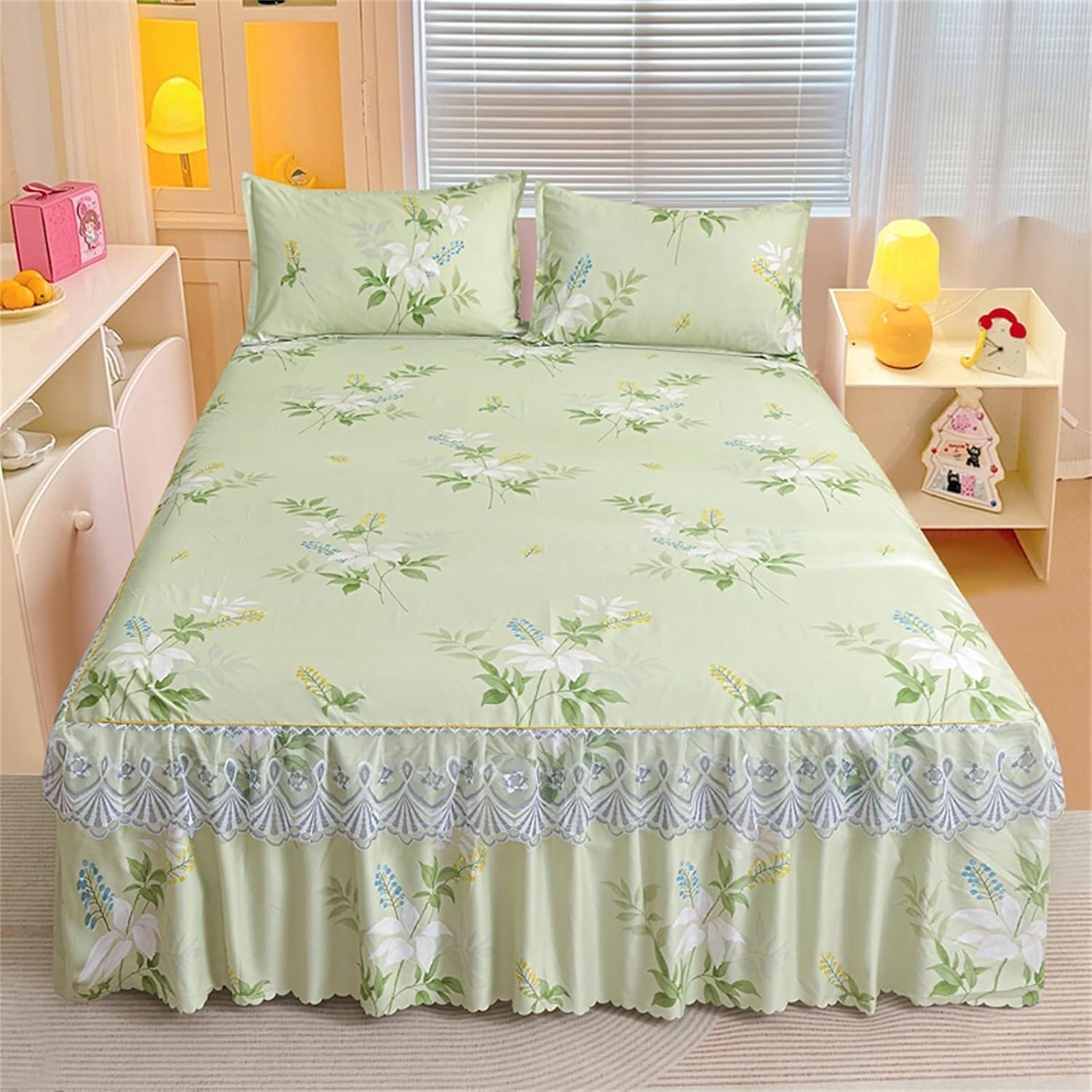 Drap-housse romantique à volants en microfibre douce premium pour lit king size vert