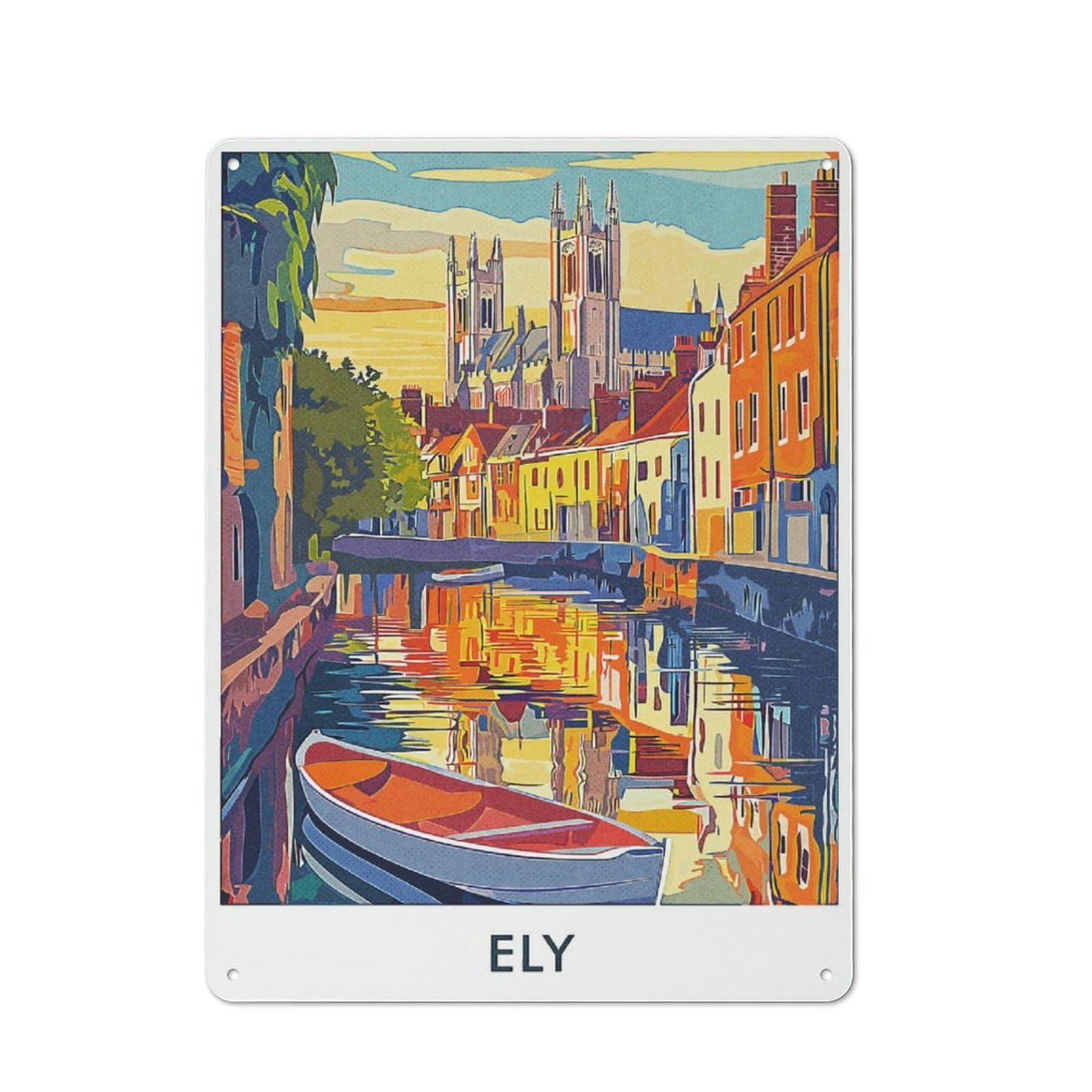 Junmoney Style-5 Tin Wall Plaque 40X30cm With Ely Canal Sunset For Guest Room Or Hallway, For Garage, Workshop And Man Cave Decoration