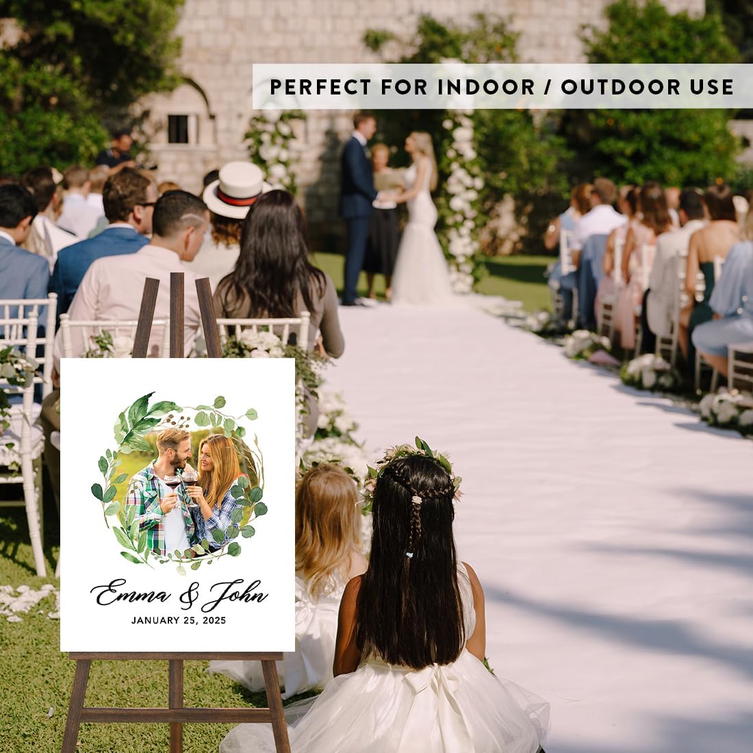 Andaz Press Custom Large Canvas Wedding Guest Book Alternative, 16 x 20 Inches, Modern Eucalyptus Greenery Watercolor Wreath Photo, Vertical, Personalized Welcome Sign Guest Book Signs for Wedding
